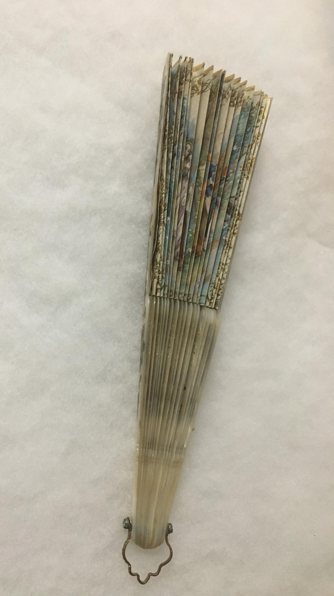 19thc Antique French Hand-Painted Double Sided Fan with Gilded Mother of Pearl For Sale 12