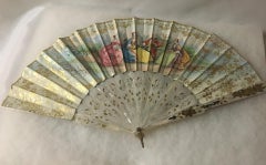 19thc Antique French Hand-Painted Double Sided Fan with Gilded Mother of Pearl