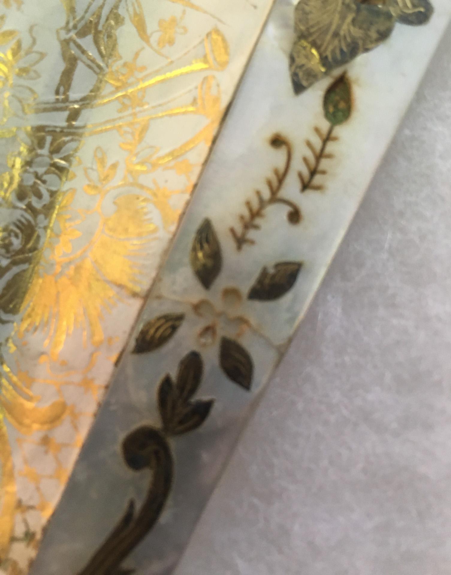 19thc Antique French Hand-Painted Double Sided Fan with Gilded Mother of Pearl For Sale 13