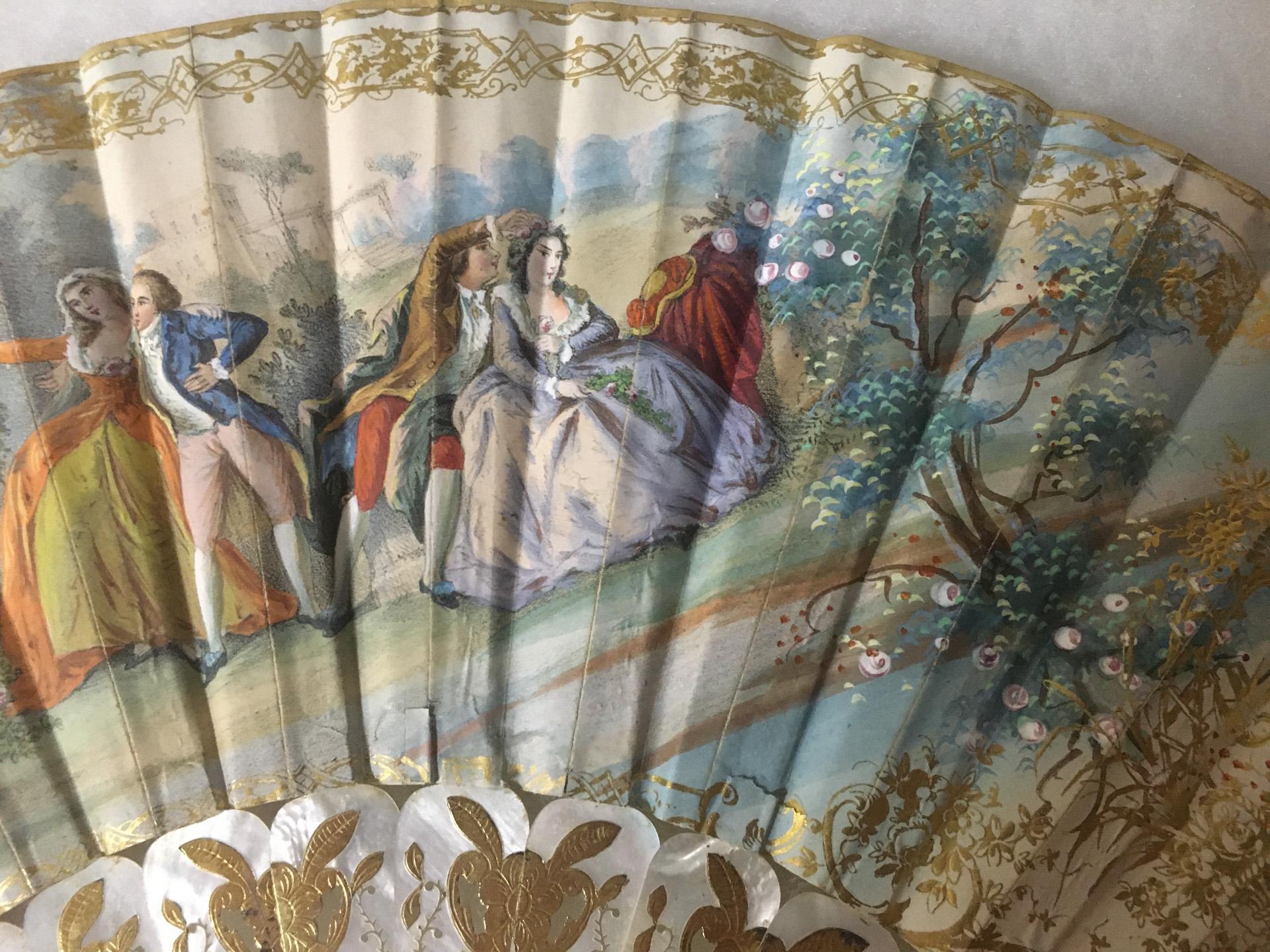 Rococo 19thc Antique French Hand-Painted Double Sided Fan with Gilded Mother of Pearl For Sale
