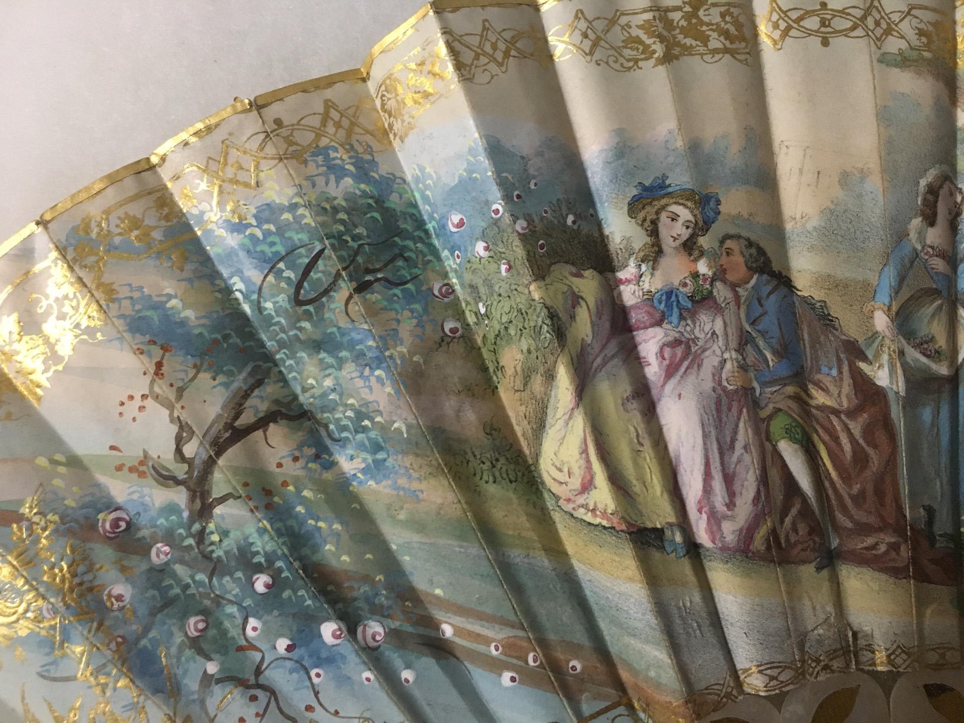 19thc Antique French Hand-Painted Double Sided Fan with Gilded Mother of Pearl For Sale 1