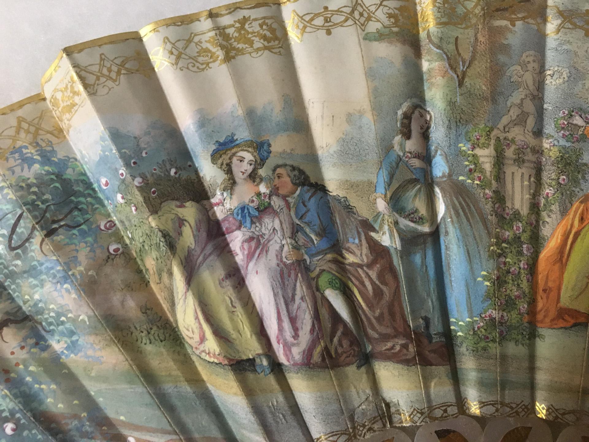 19thc Antique French Hand-Painted Double Sided Fan with Gilded Mother of Pearl For Sale 2