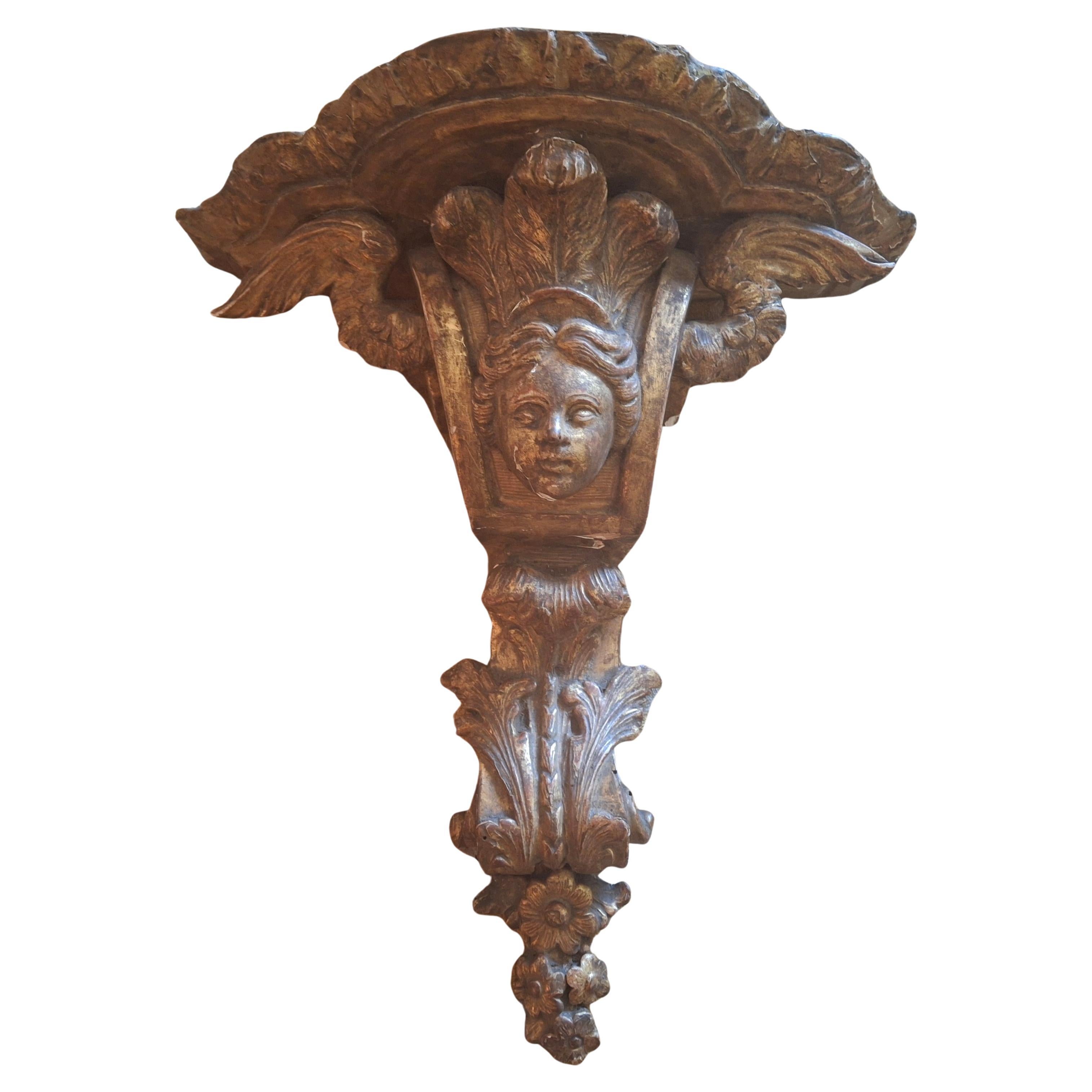 19thc Antique French Louis XVI LG Carved Wood Cherub Wall Bracket Gilt Remnants