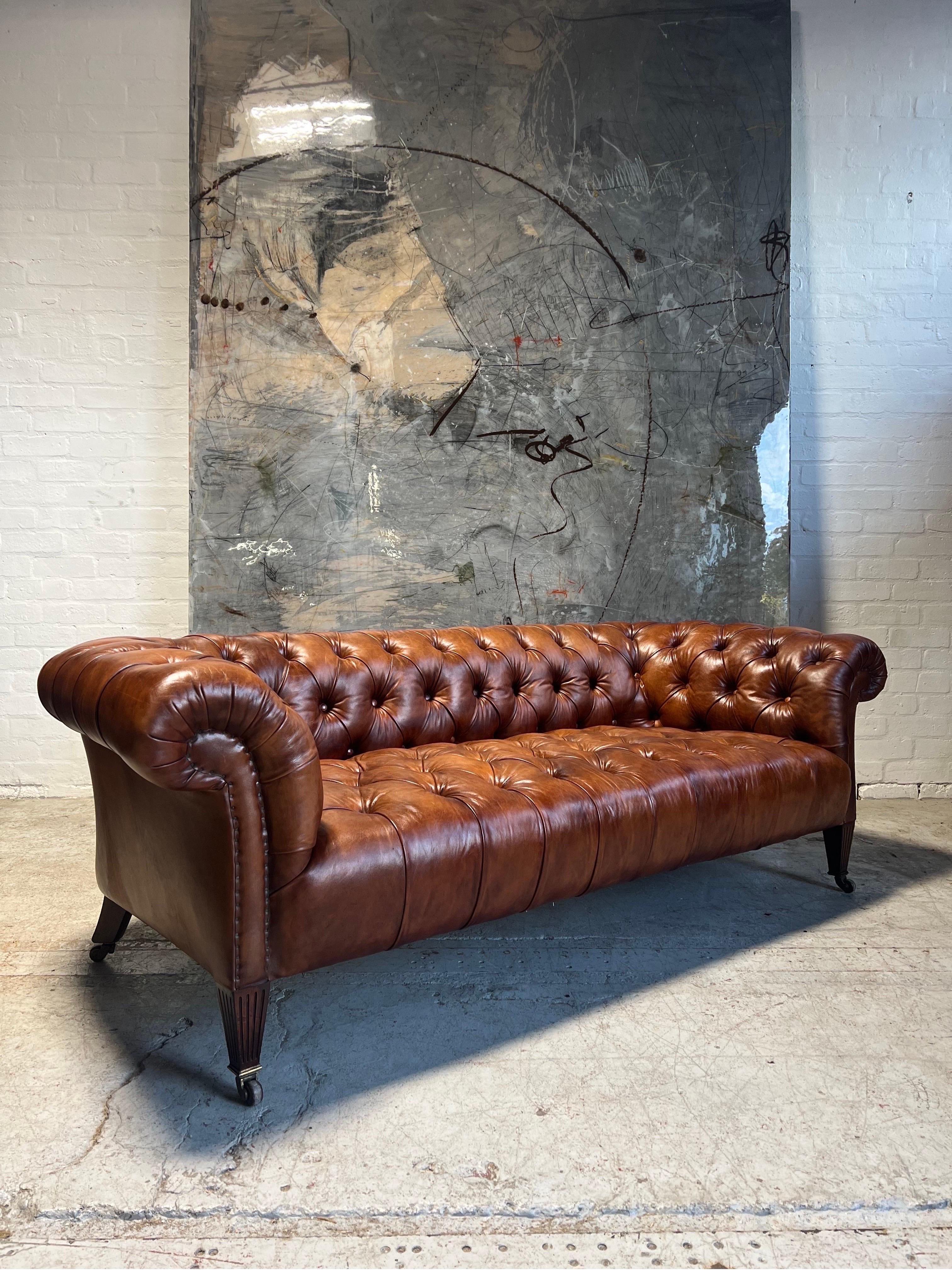 British 19thC Antique Hamptons & Sons Chesterfield Sofa In Hand Dyed Whiskey Leather For Sale