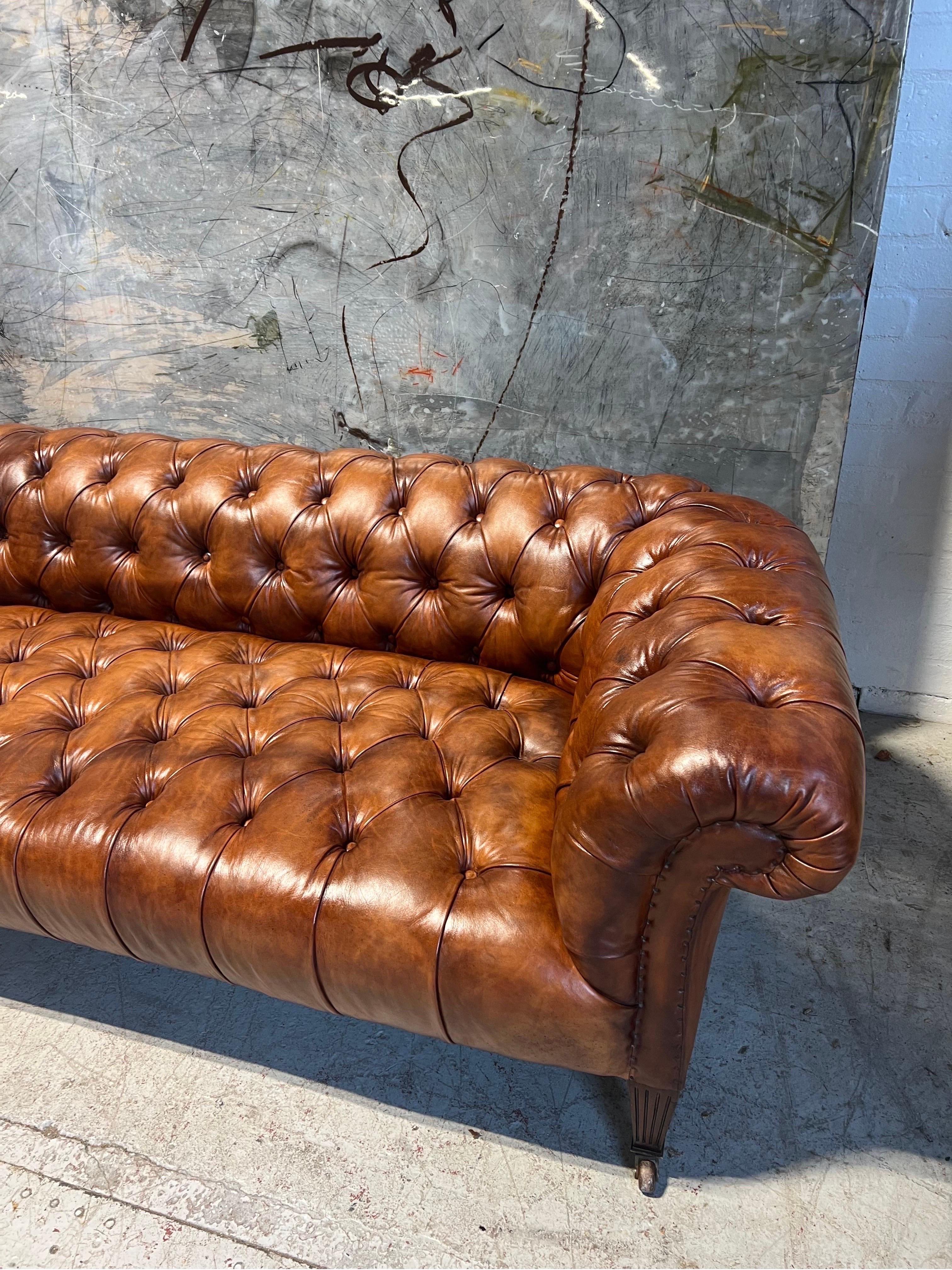 19th Century 19thC Antique Hamptons & Sons Chesterfield Sofa In Hand Dyed Whiskey Leather For Sale