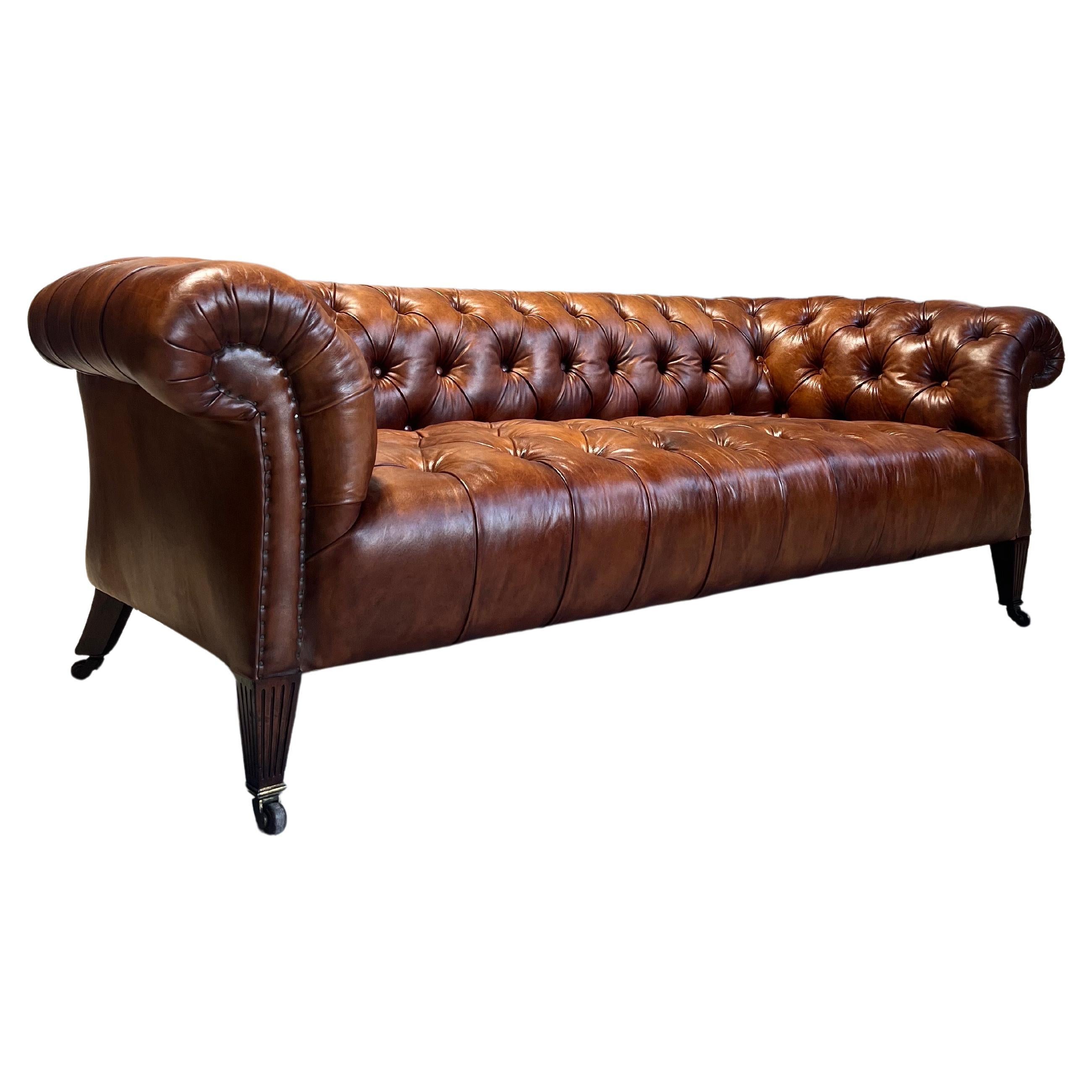 19thC Antique Hamptons & Sons Chesterfield Sofa In Hand Dyed Whiskey Leather