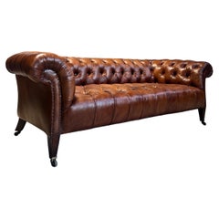 19thC Used Hamptons & Sons Chesterfield Sofa In Hand Dyed Whiskey Leather