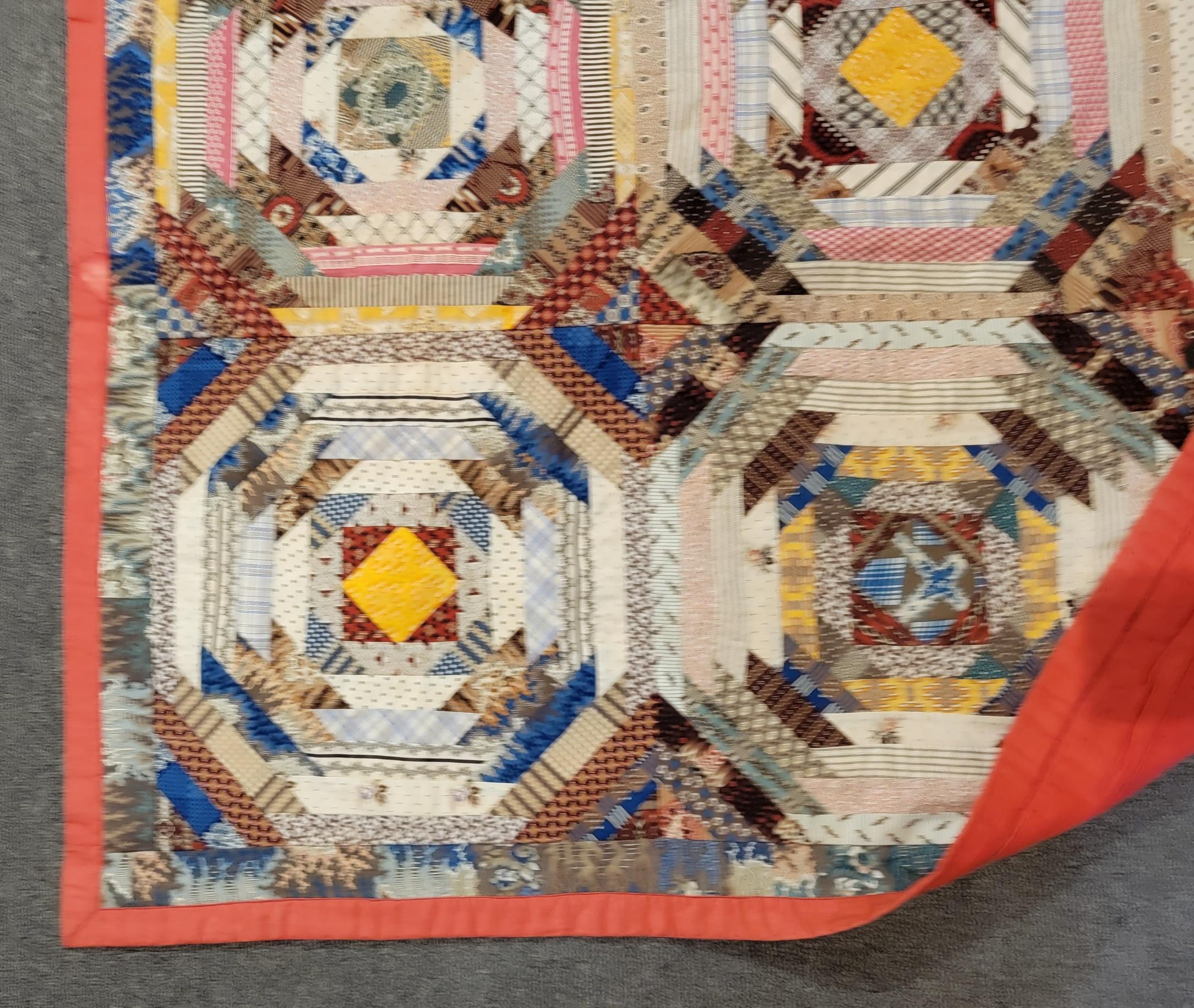 American 19thc Antique Quilt -Dated 1883 Pine Apple Log Cabin