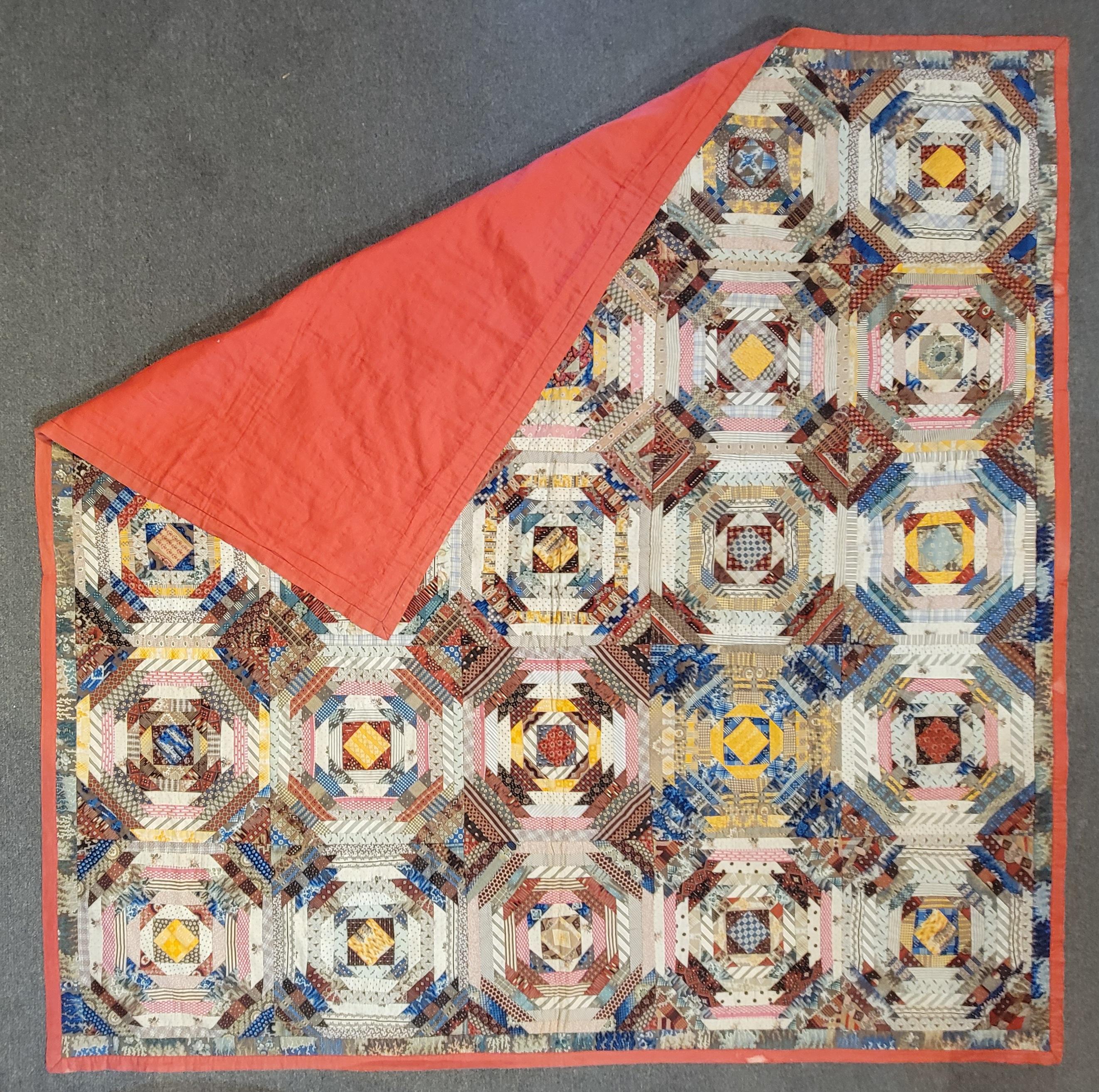 19thc Antique Quilt -Dated 1883 Pine Apple Log Cabin In Good Condition In Los Angeles, CA