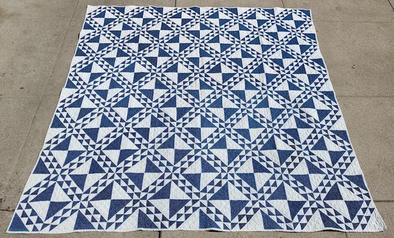 This fine 19thc mini pieced blue & white quilt in a corn & beans pattern is in fine condition.The piece work is superb and also very fine stitching as well. This quilt was found in Ohio from a private collection.