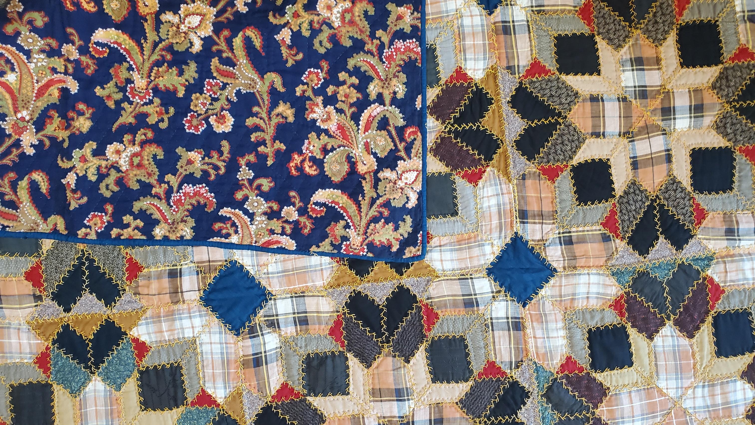 Adirondack 19thc Antique Quilt Mennonite Wool Stars with Embroidery For Sale