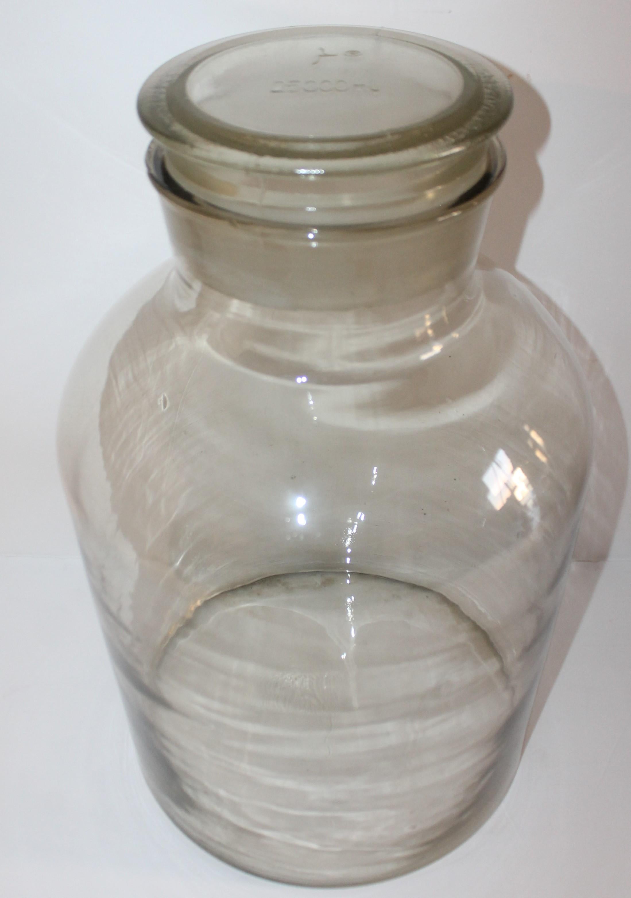 19th century apothecary jar with frosted trim on lid. The condition is very good and full of bubbles in the glass. Great filled with collections of miniatures or candy.