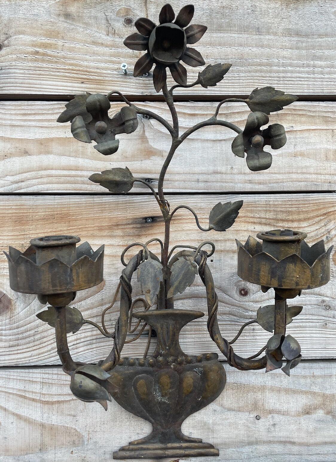 Unusually Beautiful Find! 19thc French Large Art Nouveau Black Iron Floral in Vase Wall Lamp/ Sconce by Maison Bagues. This is an old piece and the iron has been weathered, not detractable. This adds to the look IMO. 2 lights and vines and petal