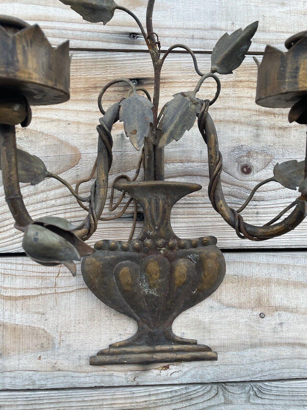Late 19th Century 19thc Art Nouveau Iron 2 Light Floral/ Vase Wall Lamp / Sconce By Maison Bagues For Sale