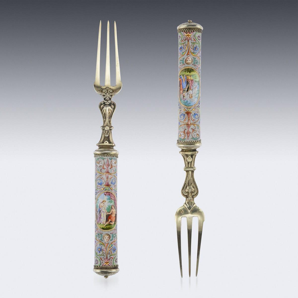 Set de couverts autrichien du 19ème siècle en argent massif, doré et émaillé, Vienne, vers 1880 Bon état - En vente à Royal Tunbridge Wells, Kent