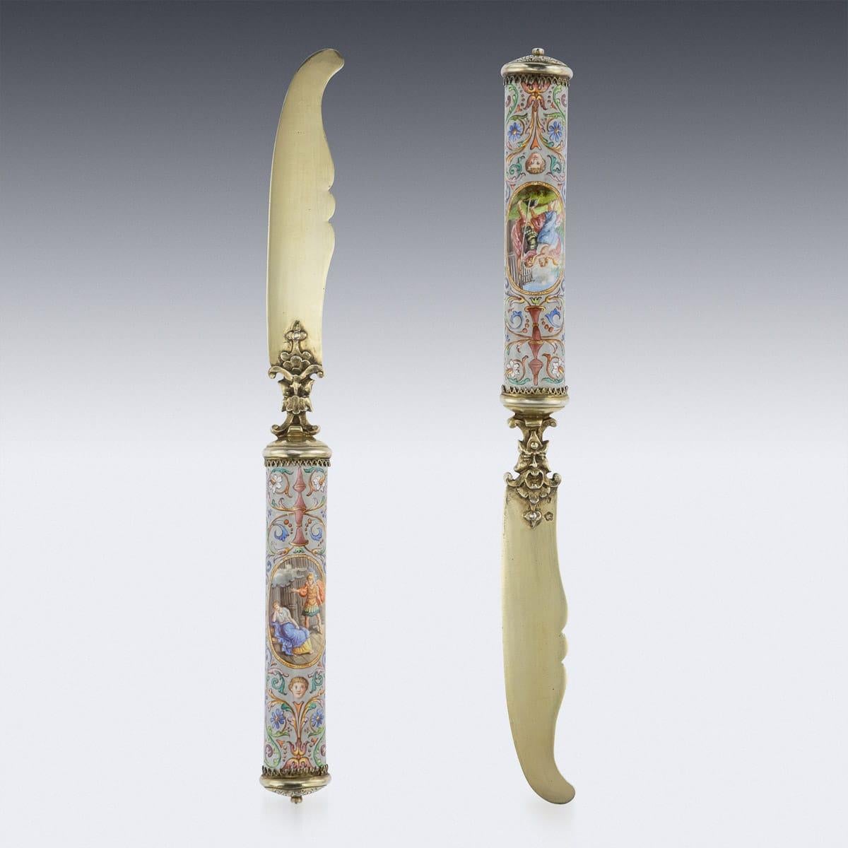 XIXe siècle Set de couverts autrichien du 19ème siècle en argent massif, doré et émaillé, Vienne, vers 1880 en vente
