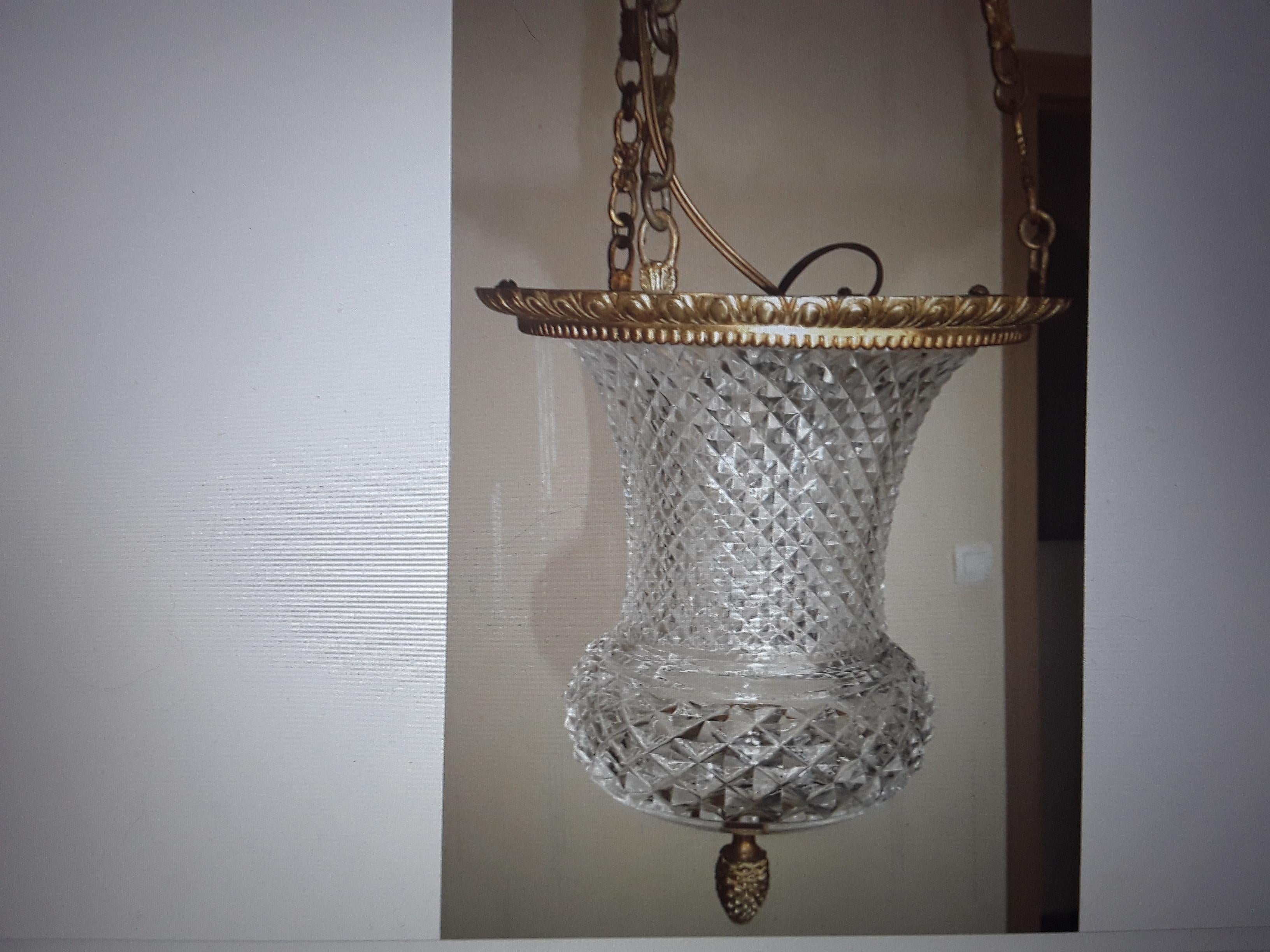 19thc Baccarat France Louis XVI style Cut Crystal & Bronze Ceiling Lantern For Sale 9