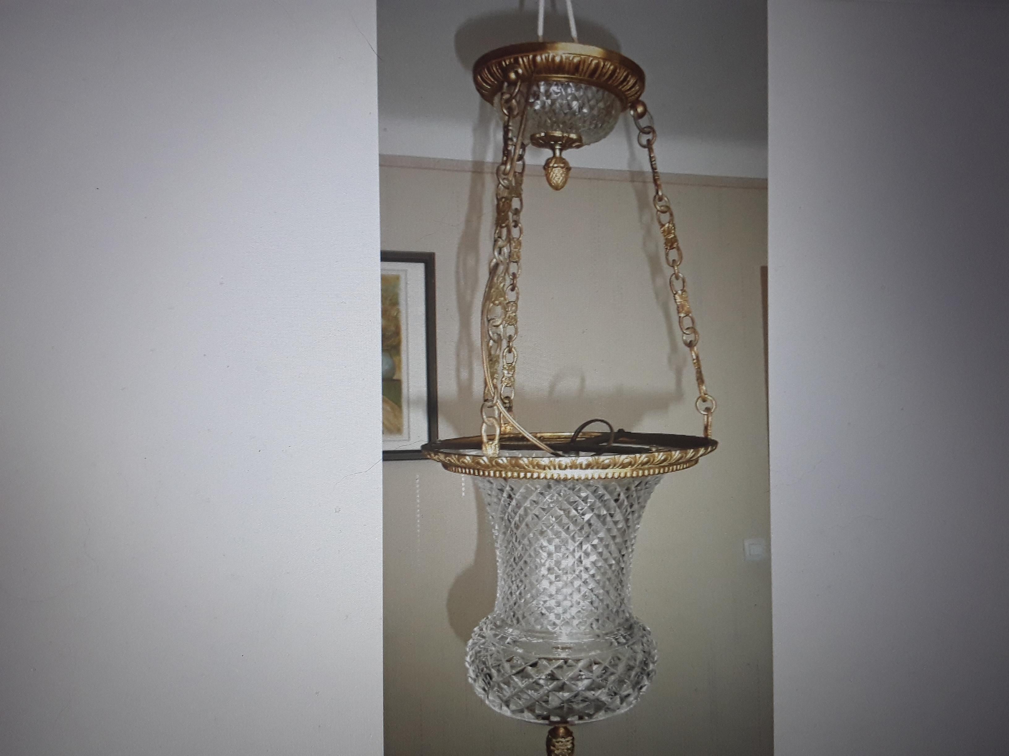 French 19thc Baccarat France Louis XVI style Cut Crystal & Bronze Ceiling Lantern For Sale