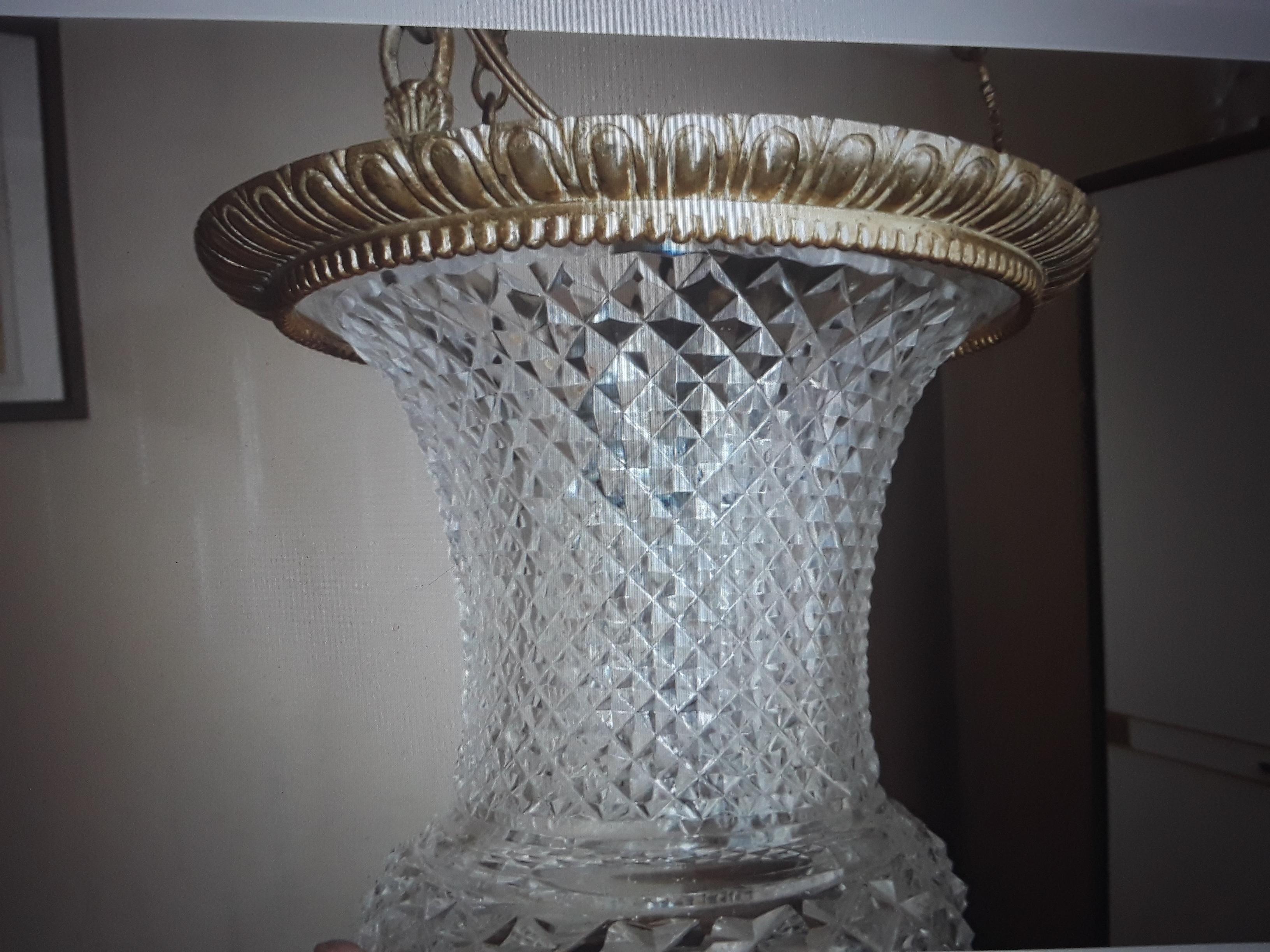 19thc Baccarat France Louis XVI style Cut Crystal & Bronze Ceiling Lantern In Good Condition For Sale In Opa Locka, FL