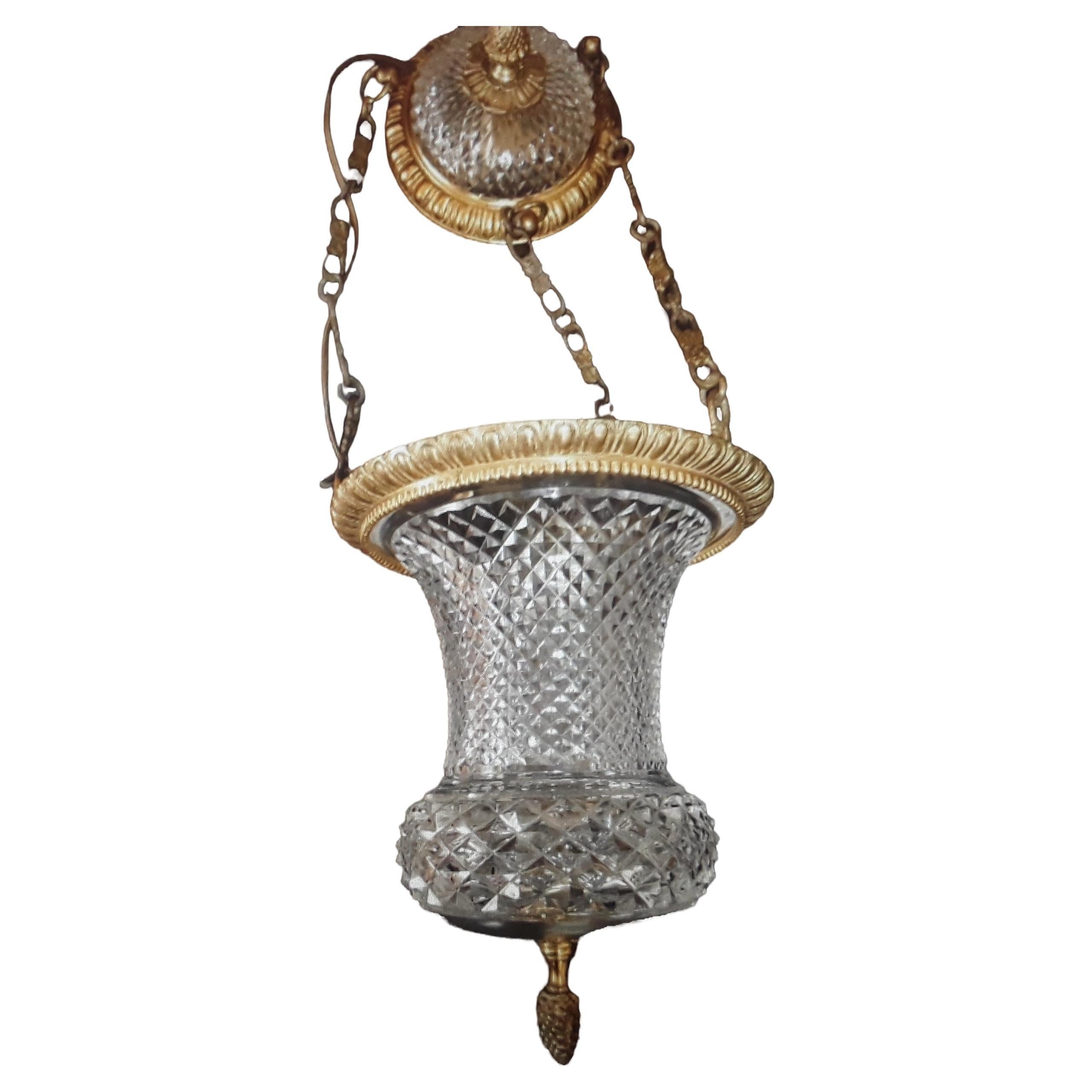 19thc Baccarat France Louis XVI style Cut Crystal & Bronze Ceiling Lantern For Sale