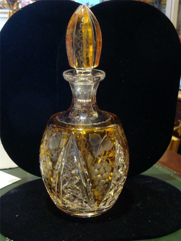 The Following Item we are offering is a Rare Estate 19th Century Baccarat Style Cut Glass Amber Colored Glass Decanter with Stenciled Detail of Vines and Grape Clusters. TAKEN OUT OF AN EXCLUSIVE $4 MILLION DOLLAR COLLECTION. A Real