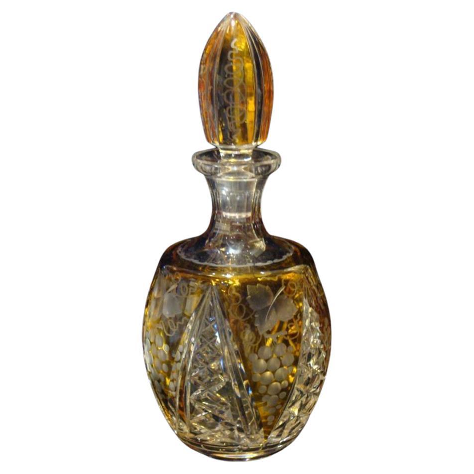 19THC Baccarat Style Heavy Hand Cut Amber Crystal French Etched Glass Decanter For Sale