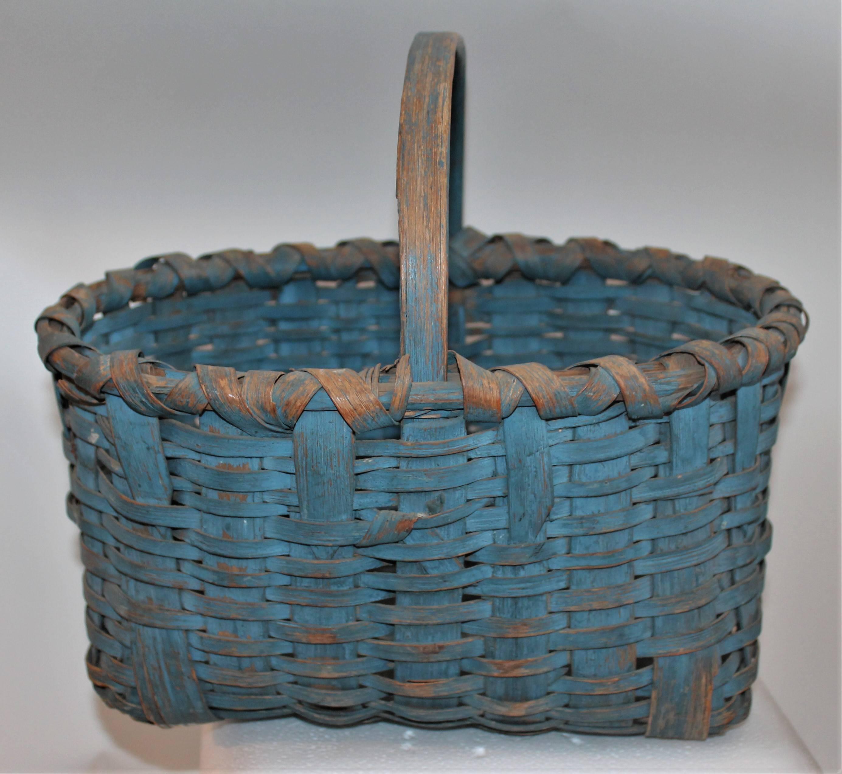 Hand-Crafted 19th Century Basket Original Robin Egg Blue Painted Basket