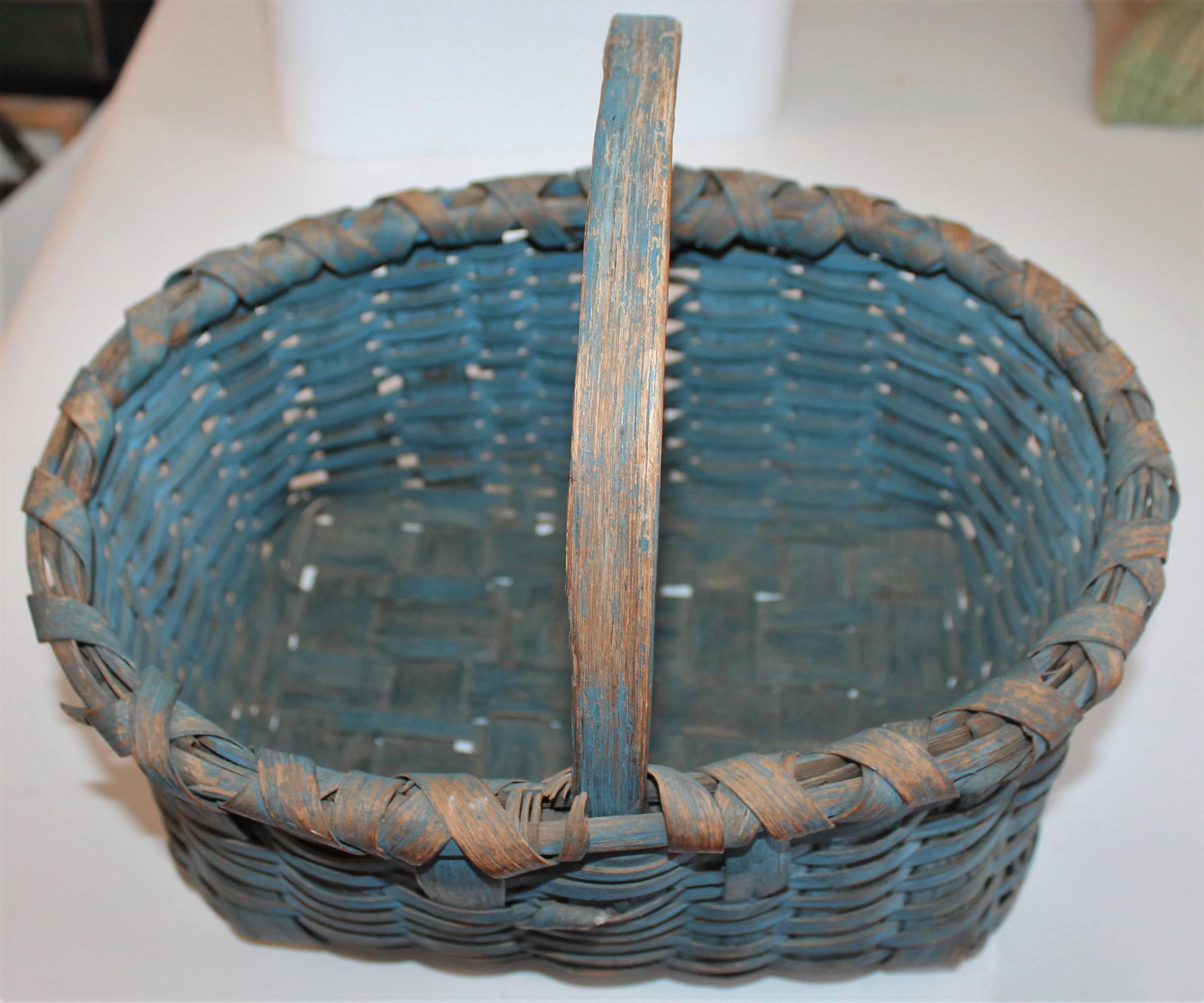19th Century Basket Original Robin Egg Blue Painted Basket In Good Condition In Los Angeles, CA