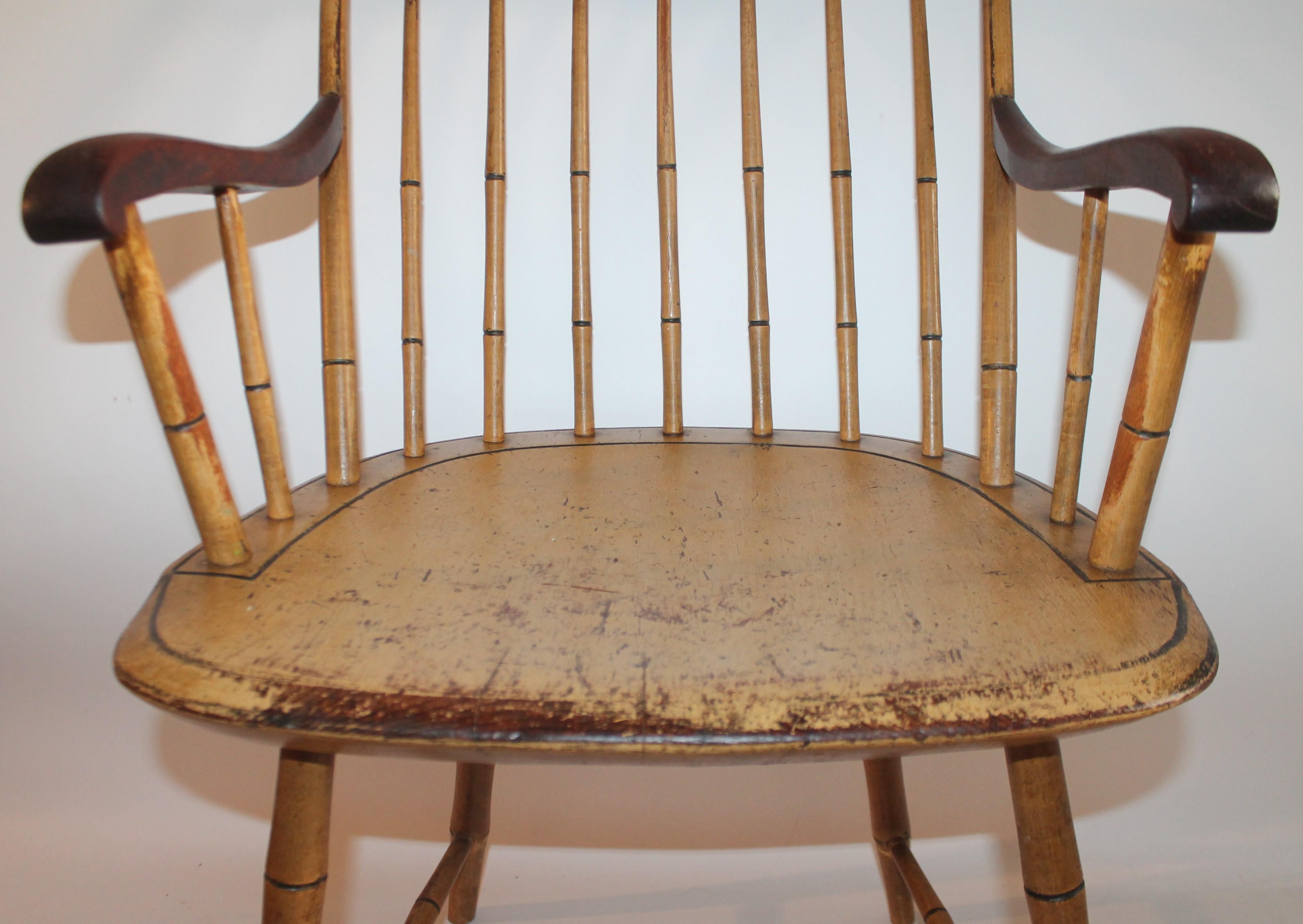 American 19th Century Bird Cage Windsor Armchair Original Mustard Painted Surface For Sale