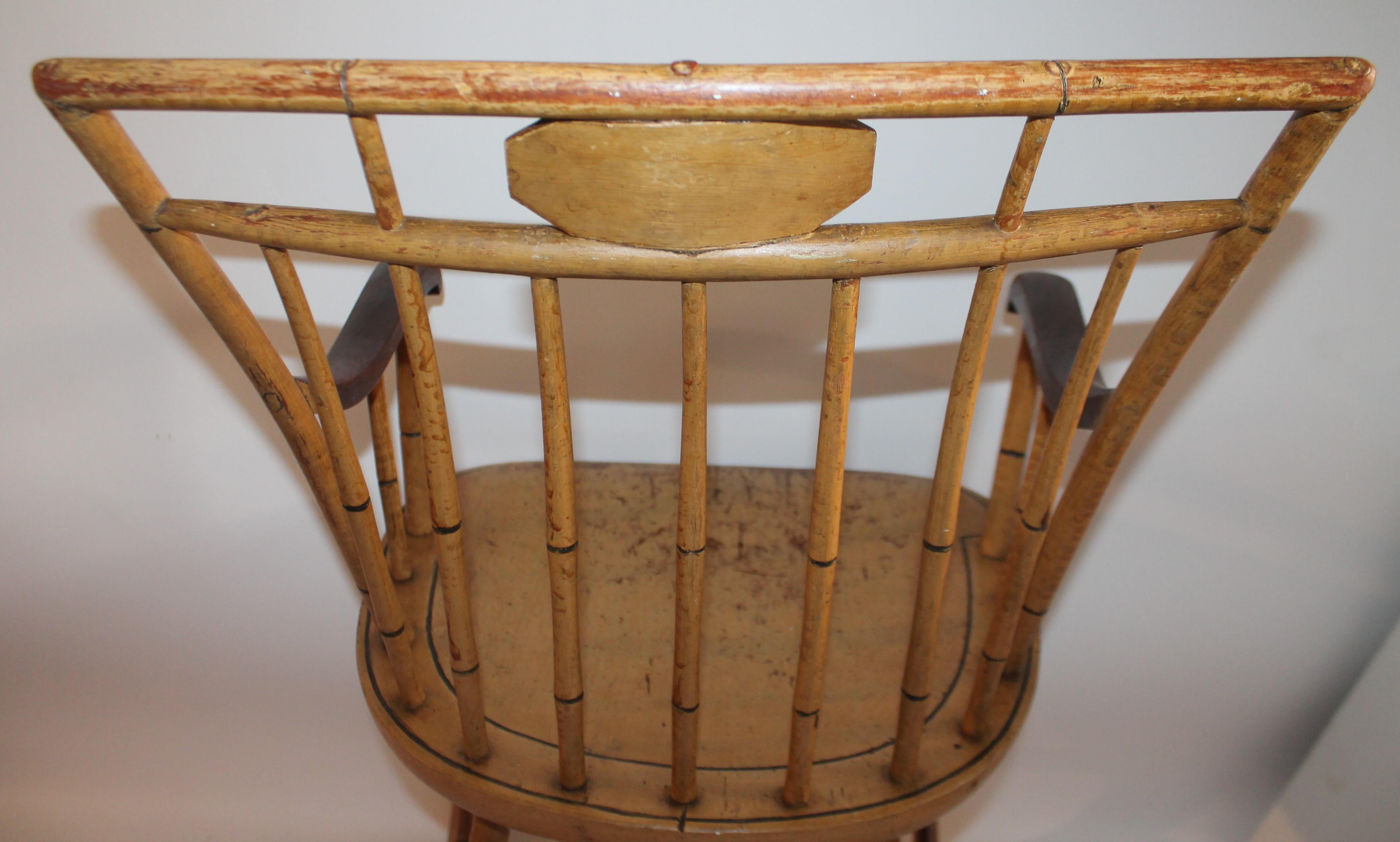 19th Century Bird Cage Windsor Armchair Original Mustard Painted Surface For Sale 1