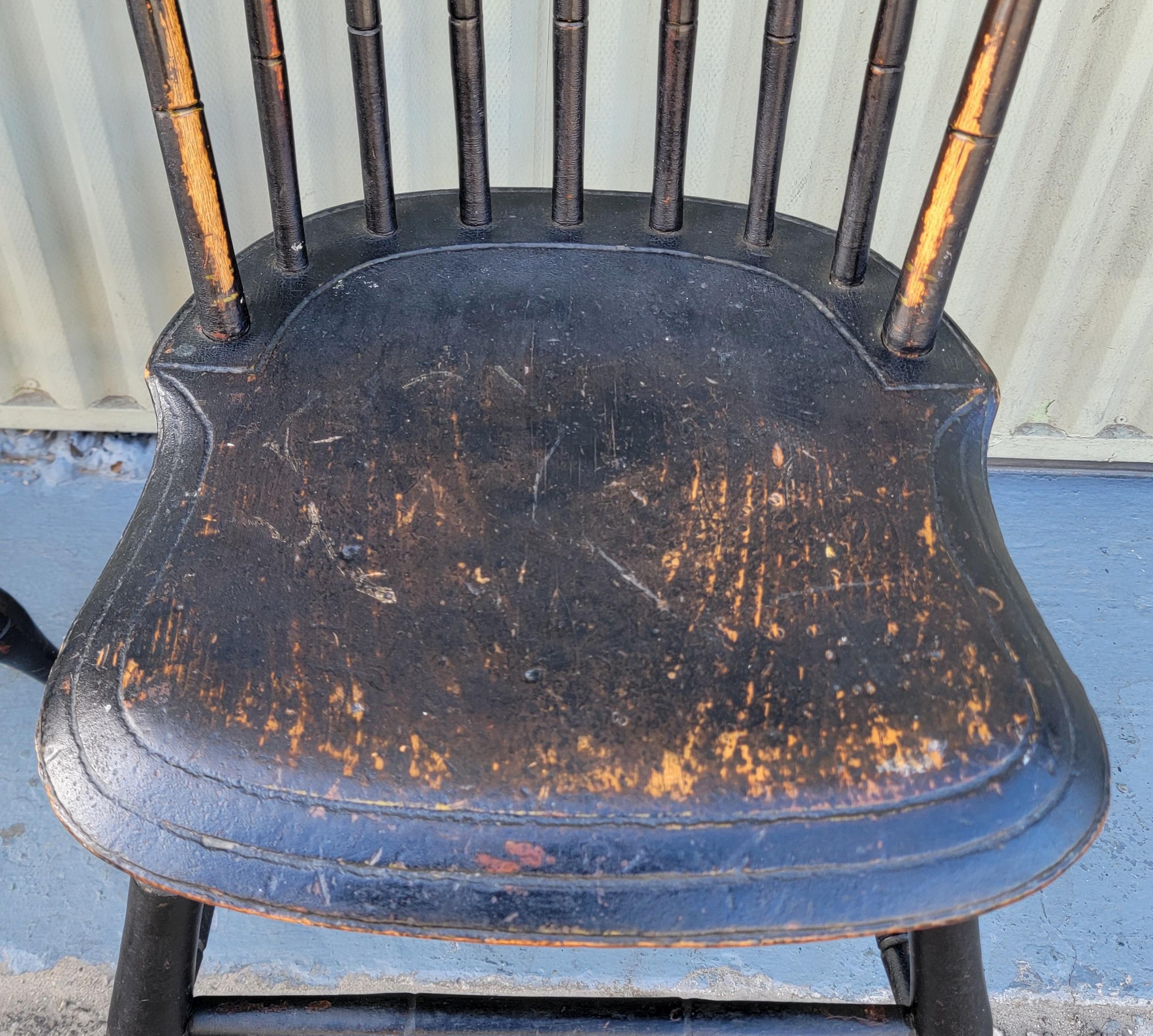 These 19thc Original black painted Windsor chairs were found in Pennsylvania and in great condition.They have a fine worn patina and very strong & sturdy.