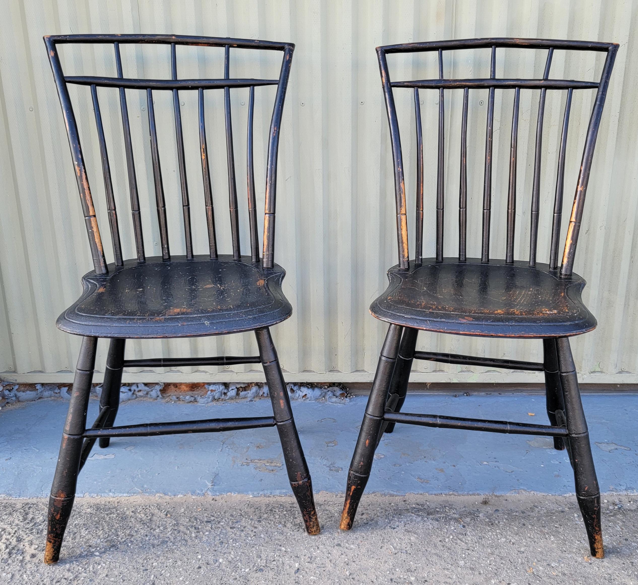 19Thc Bird Cage Windsor Chairs in Original Black Paint In Good Condition For Sale In Los Angeles, CA