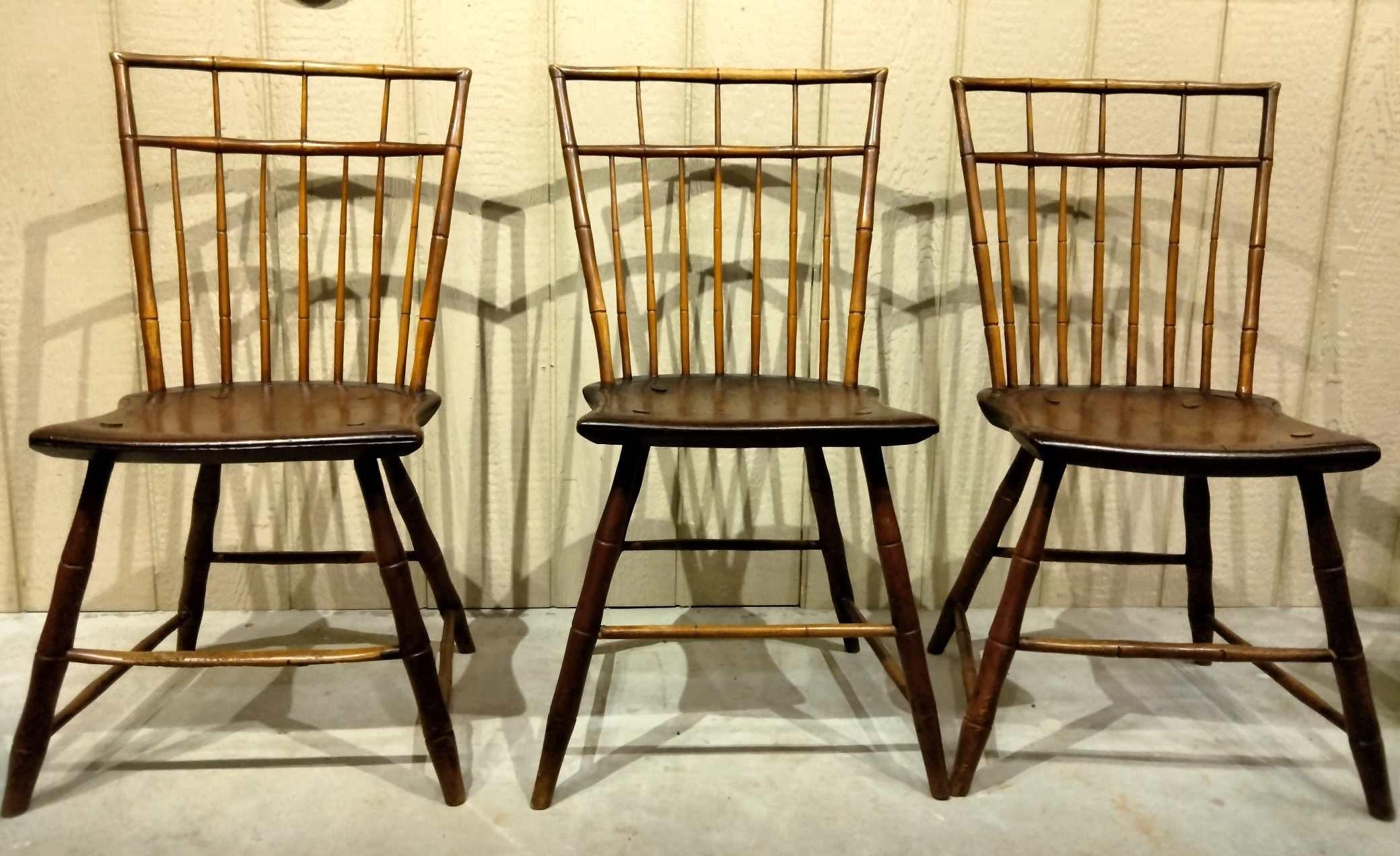 These amazing matching set of six Birdcage Windsor chairs are in fine condition and very comfortable. The construction of the chairs are peg and mortised through the top of the birdcage.The saddle seats are most unusual and in fine condition.These