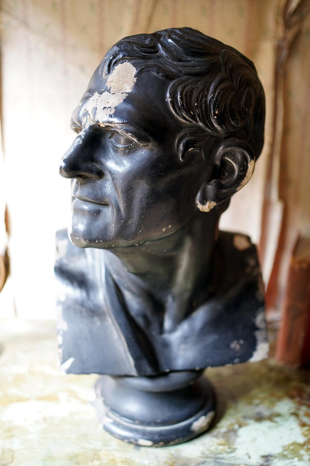 19thC Black Painted Plaster Library Bust of Demosthenes; Wormington Grange In Fair Condition In Bedford, Bedfordshire