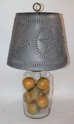 19th Century Blown Glass Lamp with Vintage Punched  Tin Shade