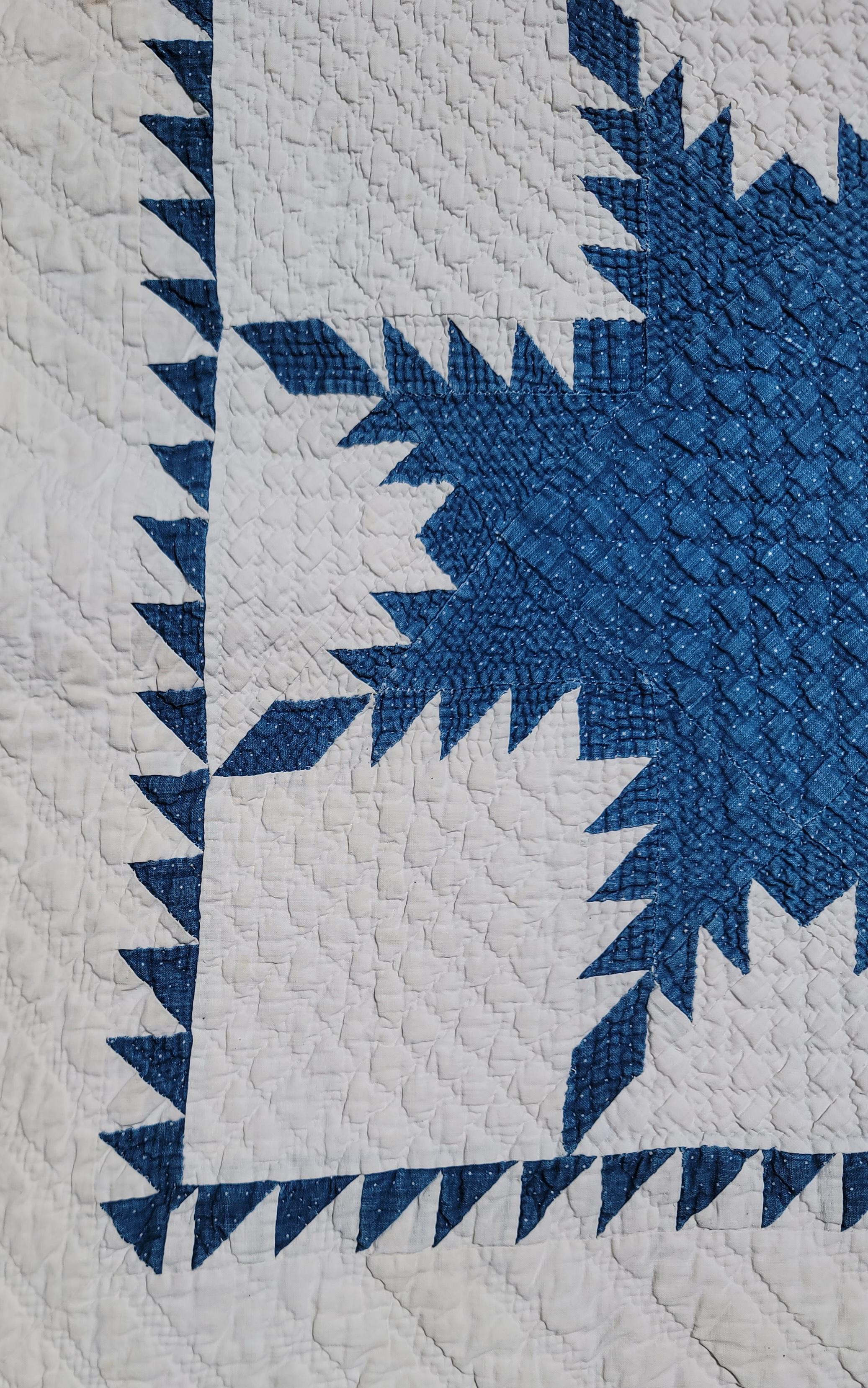 American 19th Century Blue and White Feathered Star Quilt