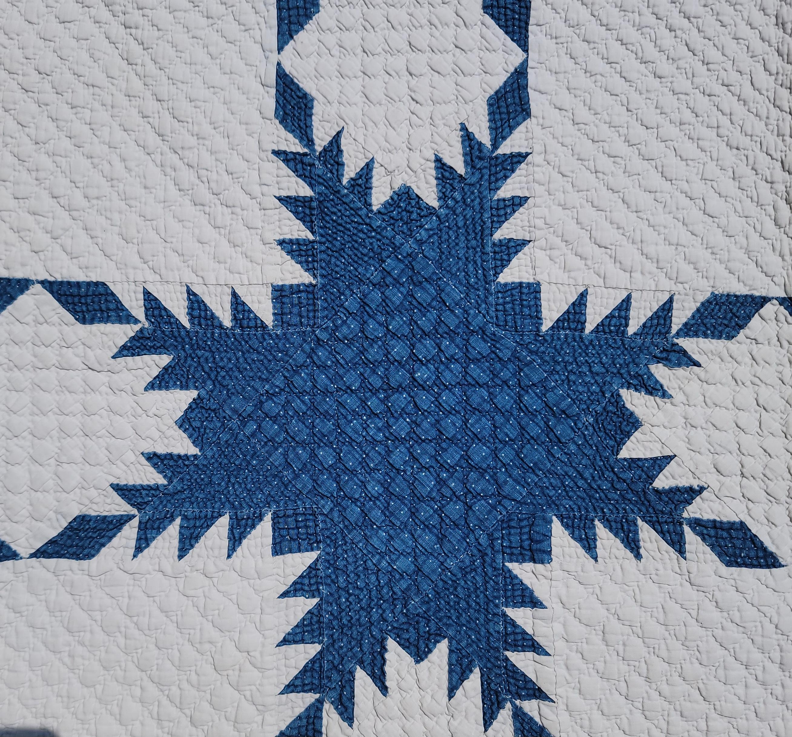 Hand-Crafted 19th Century Blue and White Feathered Star Quilt