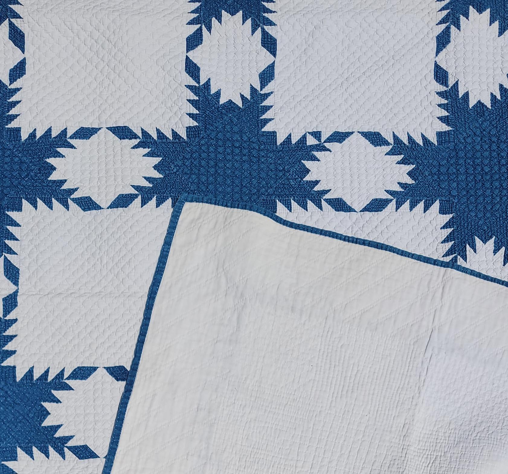 Mid-19th Century 19th Century Blue and White Feathered Star Quilt