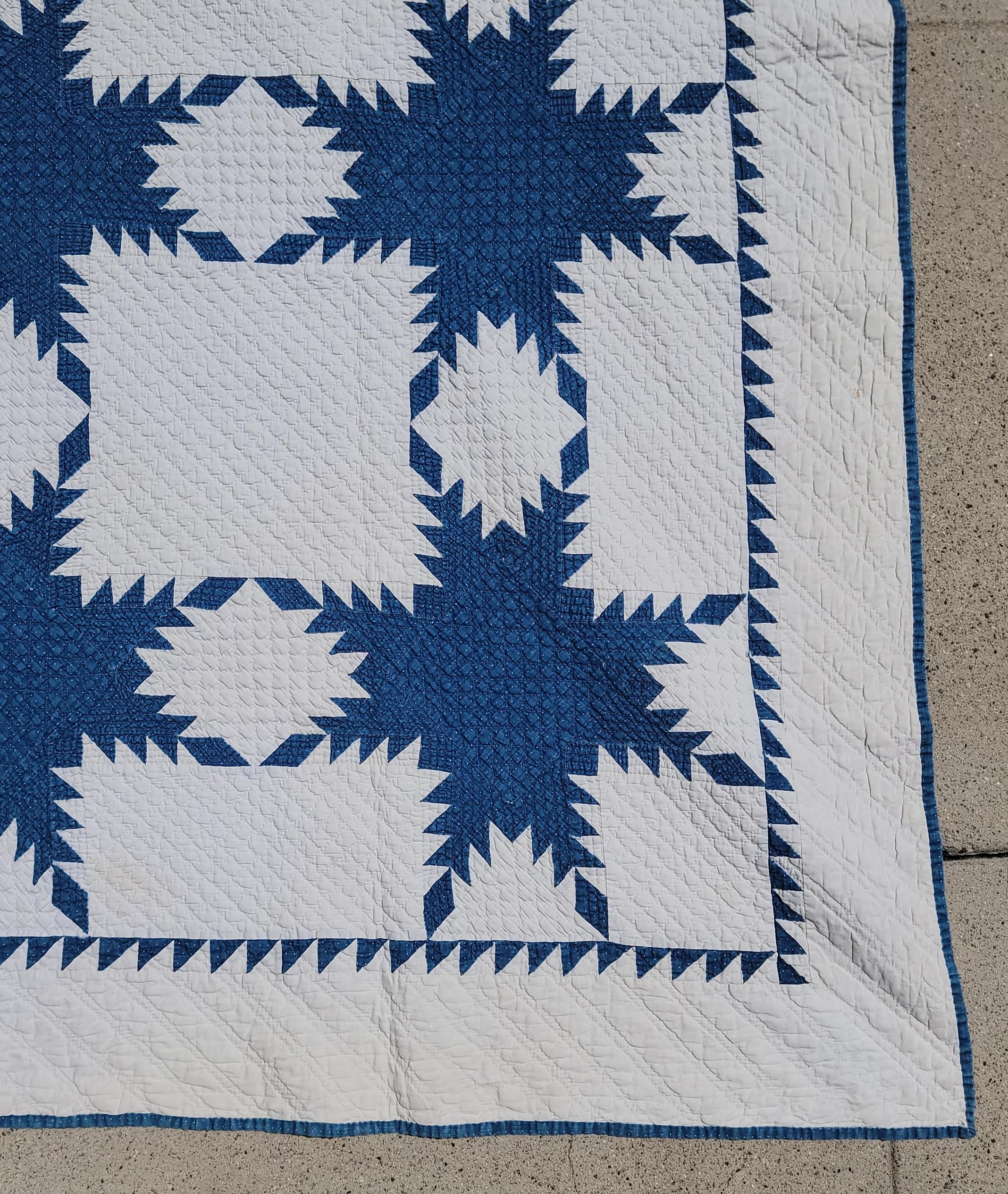 19th Century Blue and White Feathered Star Quilt 1