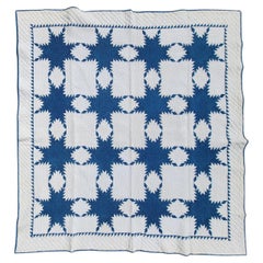 19th Century Blue and White Feathered Star Quilt