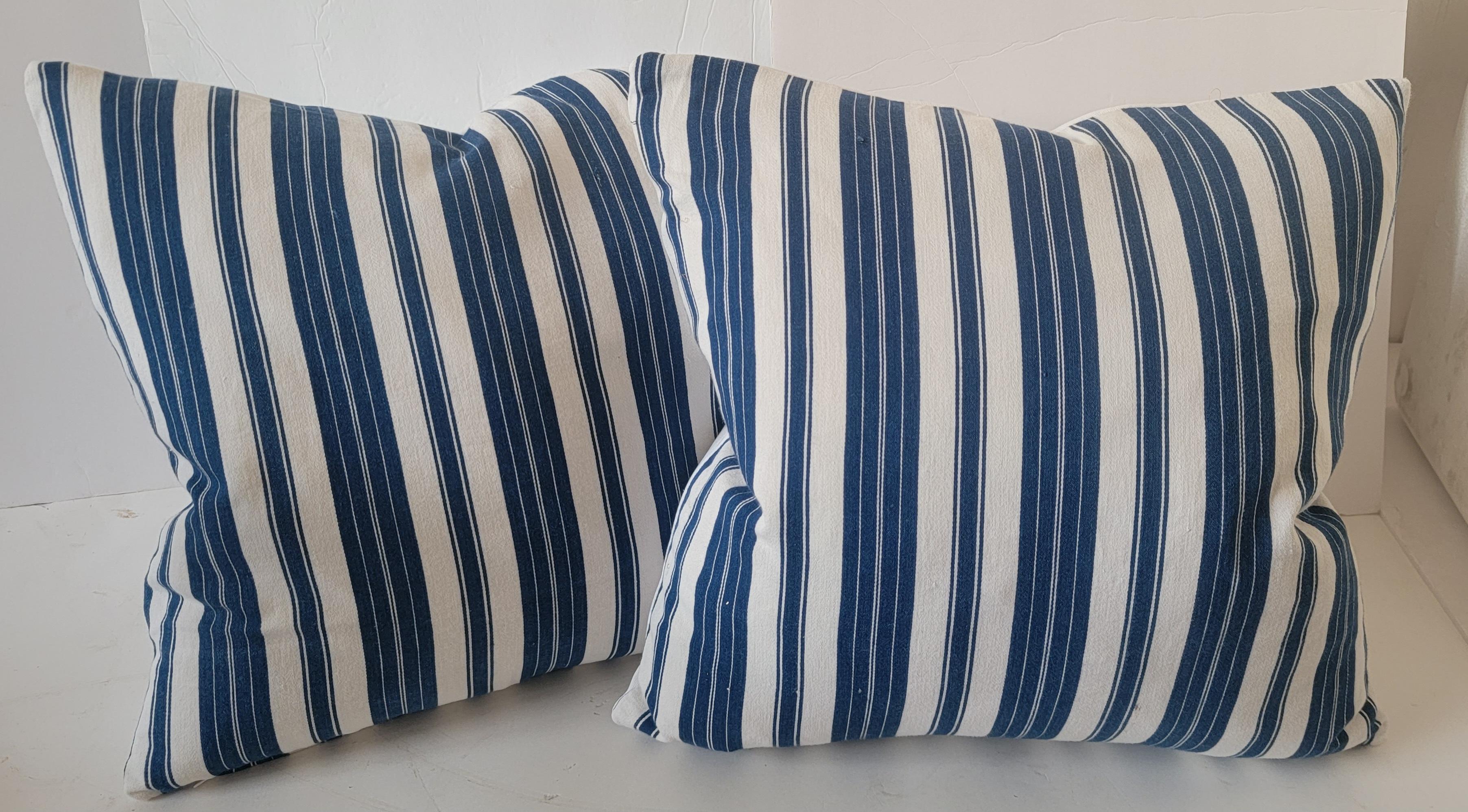 Adirondack 19thc Blue and White Striped Ticking Pillows For Sale