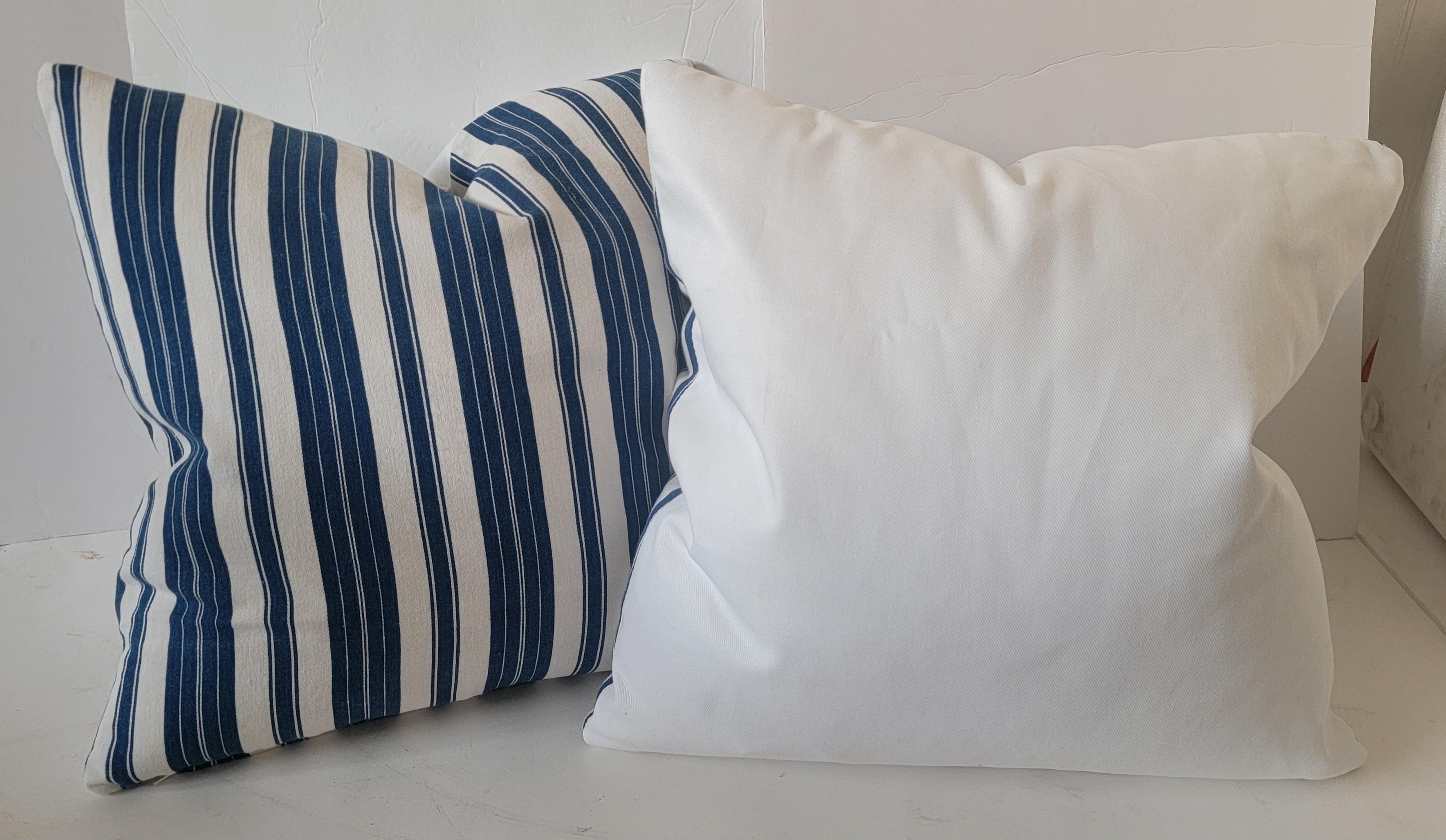 American 19thc Blue and White Striped Ticking Pillows For Sale