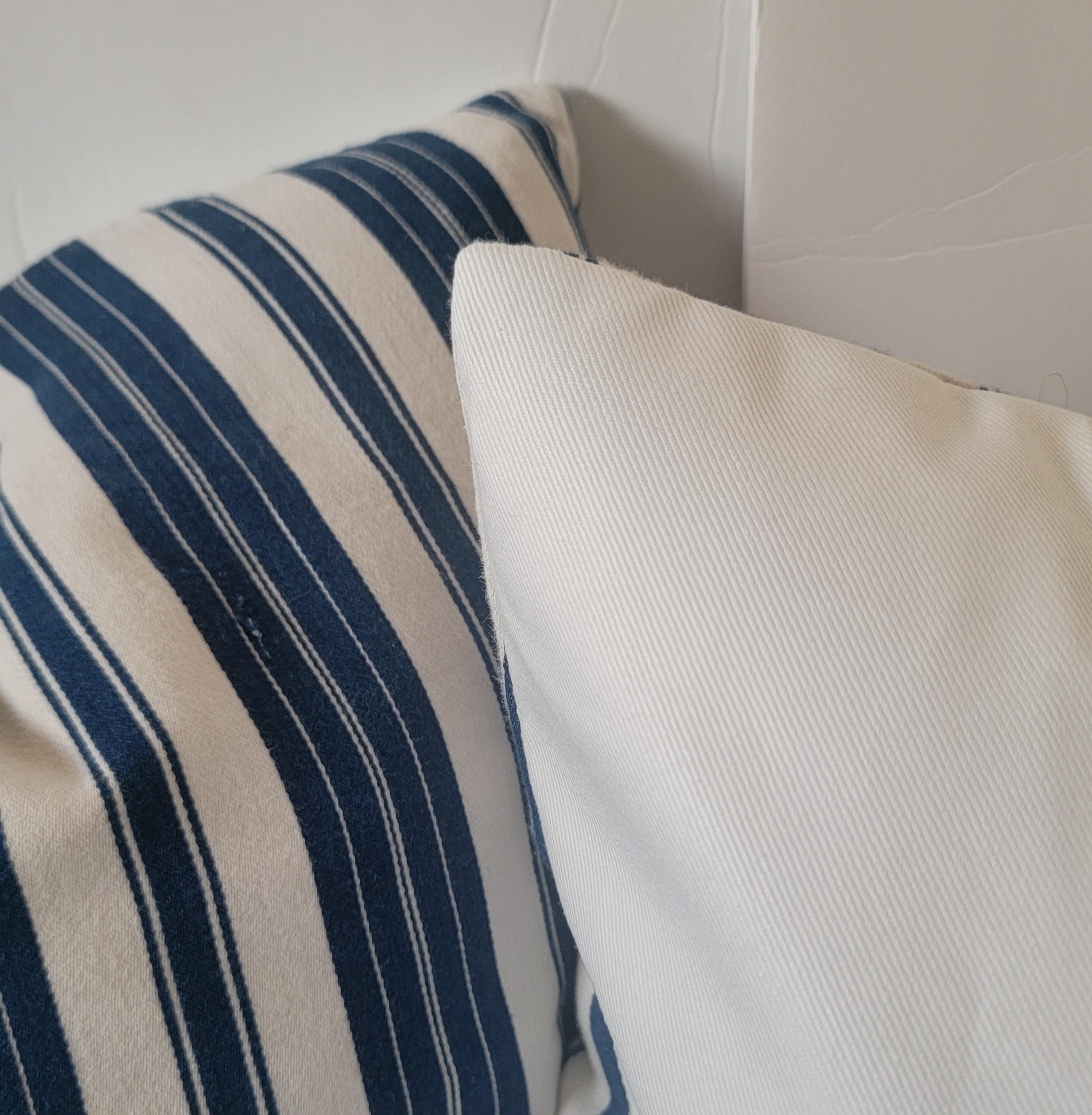 19thc Blue and White Striped Ticking Pillows In Good Condition For Sale In Los Angeles, CA