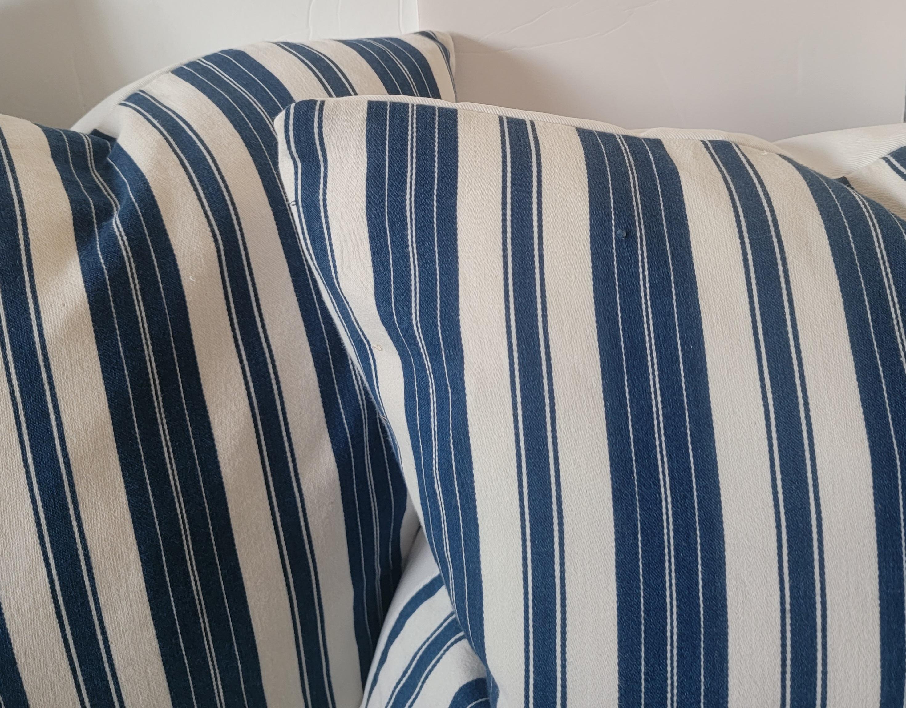 19th Century 19thc Blue and White Striped Ticking Pillows For Sale