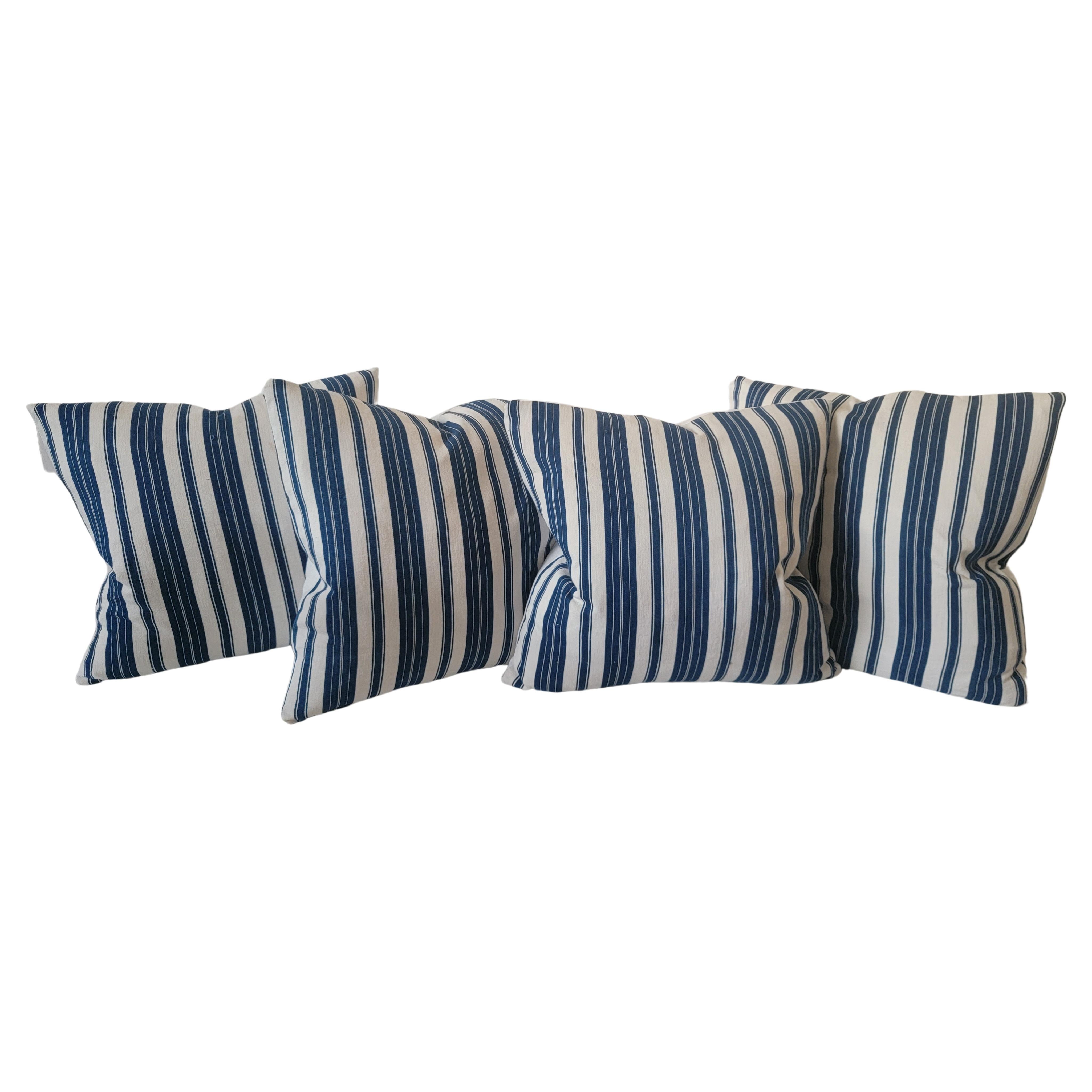 19thc Blue and White Striped Ticking Pillows For Sale