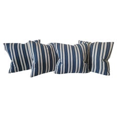 Antique 19thc Blue and White Striped Ticking Pillows