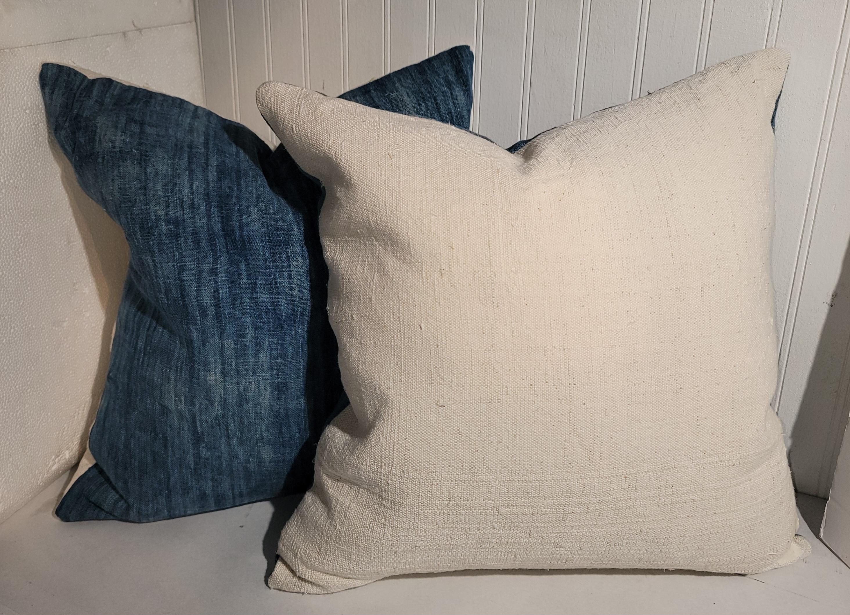 American 19Thc Blue Homespun Faded Linen Pillows -Pair