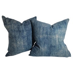 Antique 19Thc Blue Homespun Faded Linen Pillows -Pair