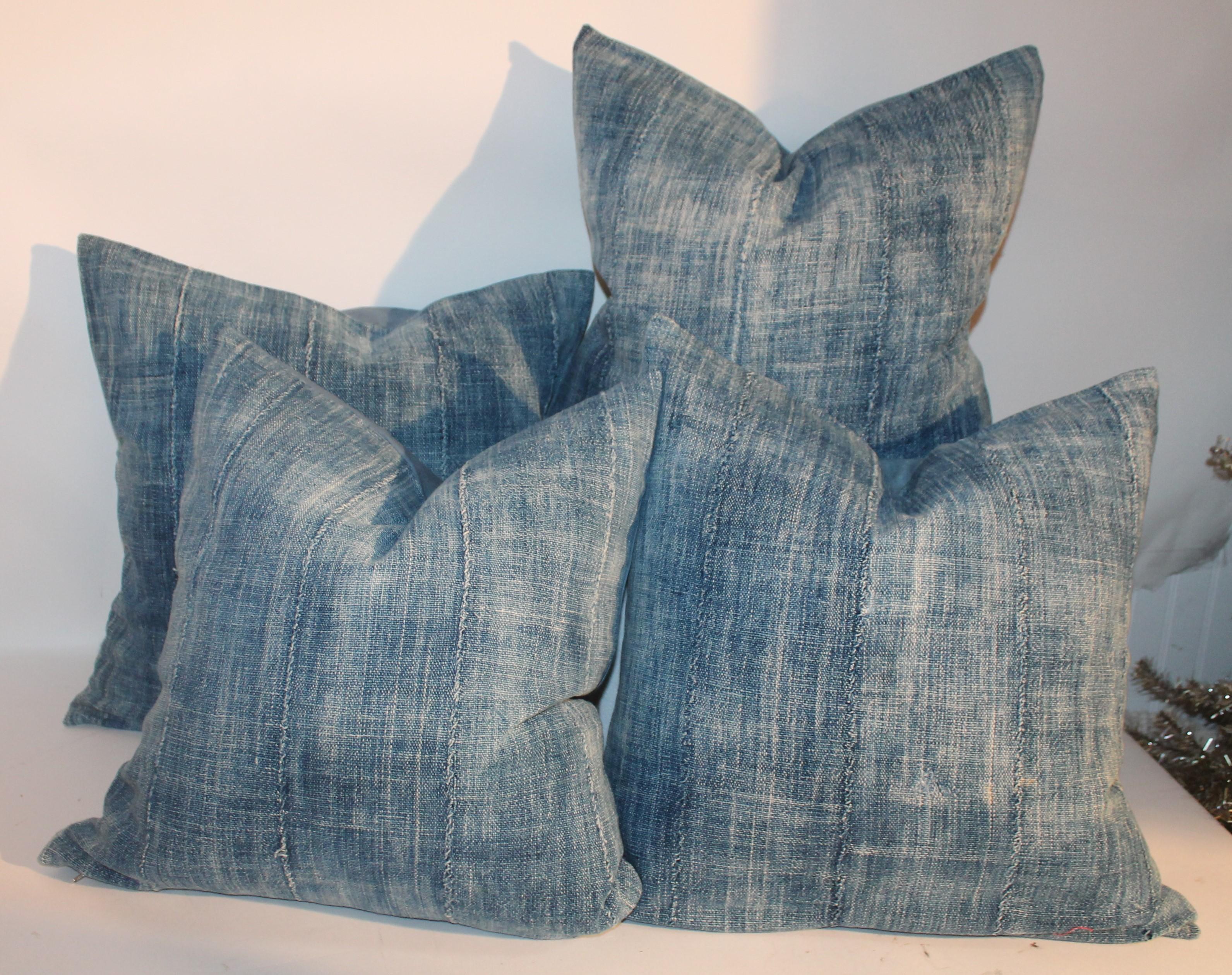 These fine blue pieced homespun linen pillows have robin egg blue linen backings and in great condition. The blue is slightly off or different then one another from age and use. Sold as a collection of four pillows. One pair can be sold for 895.