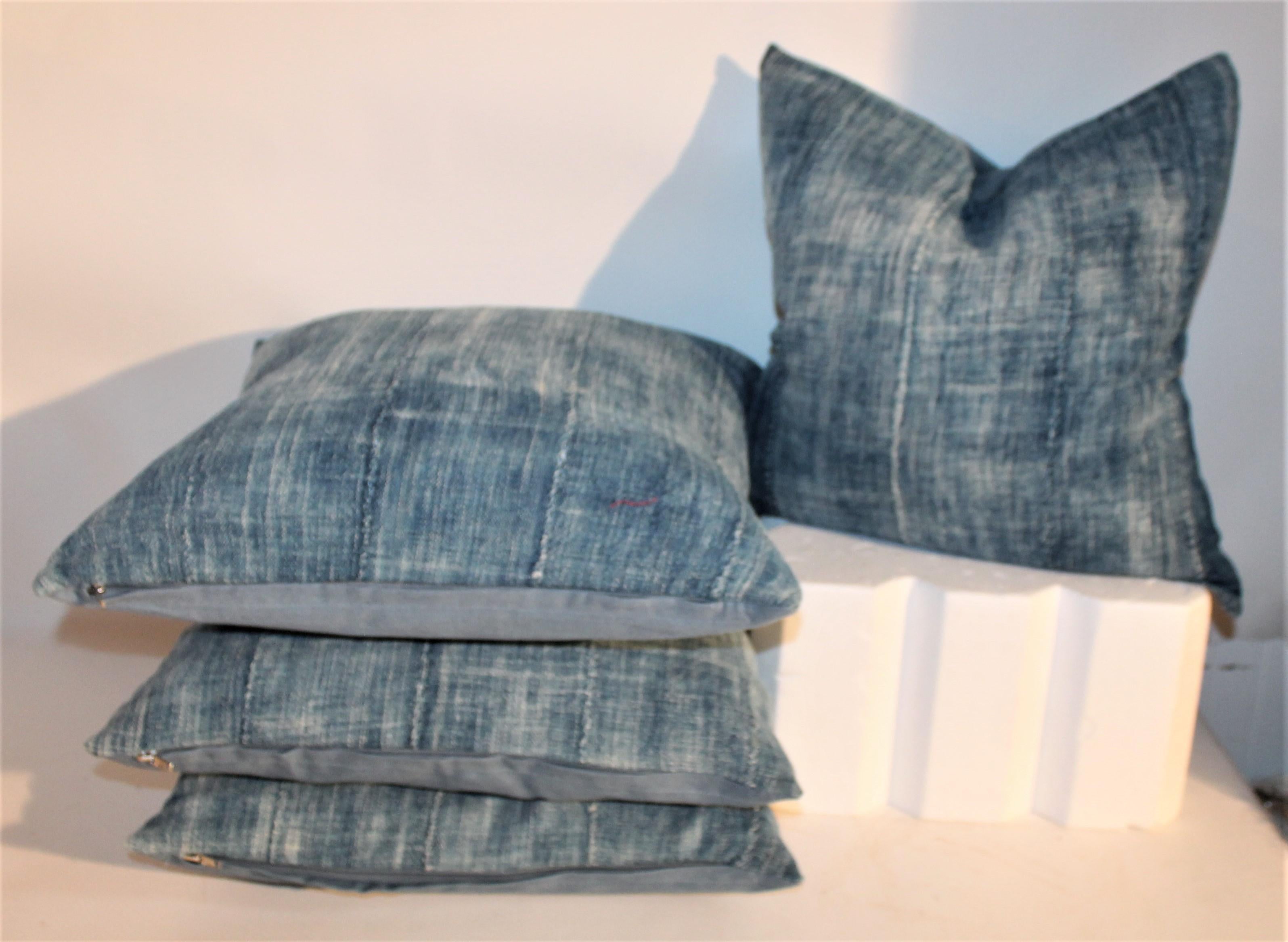 Country 19th Century Blue Homespun Linen Pillows / Group of Four For Sale